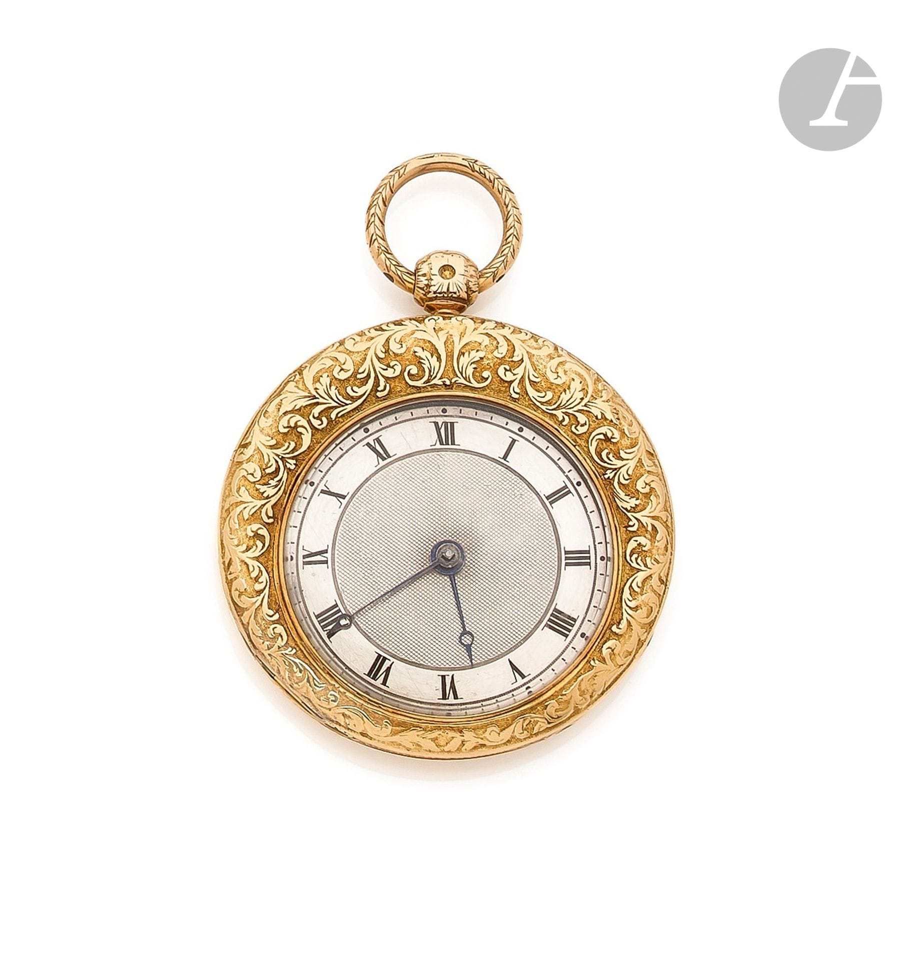 LEROY & FILS-HORLOGERS DU ROI A PARIS
XIXe siècle
Montre de poche demi-savonnette en or jaune 18K (750).
Boîtier : rond entièrement ciselé de feuillages. Ouverture sur la face laissant apparaître le Cadran.
Cadran : argenté et guilloché, lunette décentrée, gravée d’un index chiffres romains. Aiguilles « Breguet » en acier bleui.
Mouvement : mécanique, remontage à clef.
Cuvette signée.
Numérotée 11564.
Diam. : 42 mm
Poids brut : 43,2 g