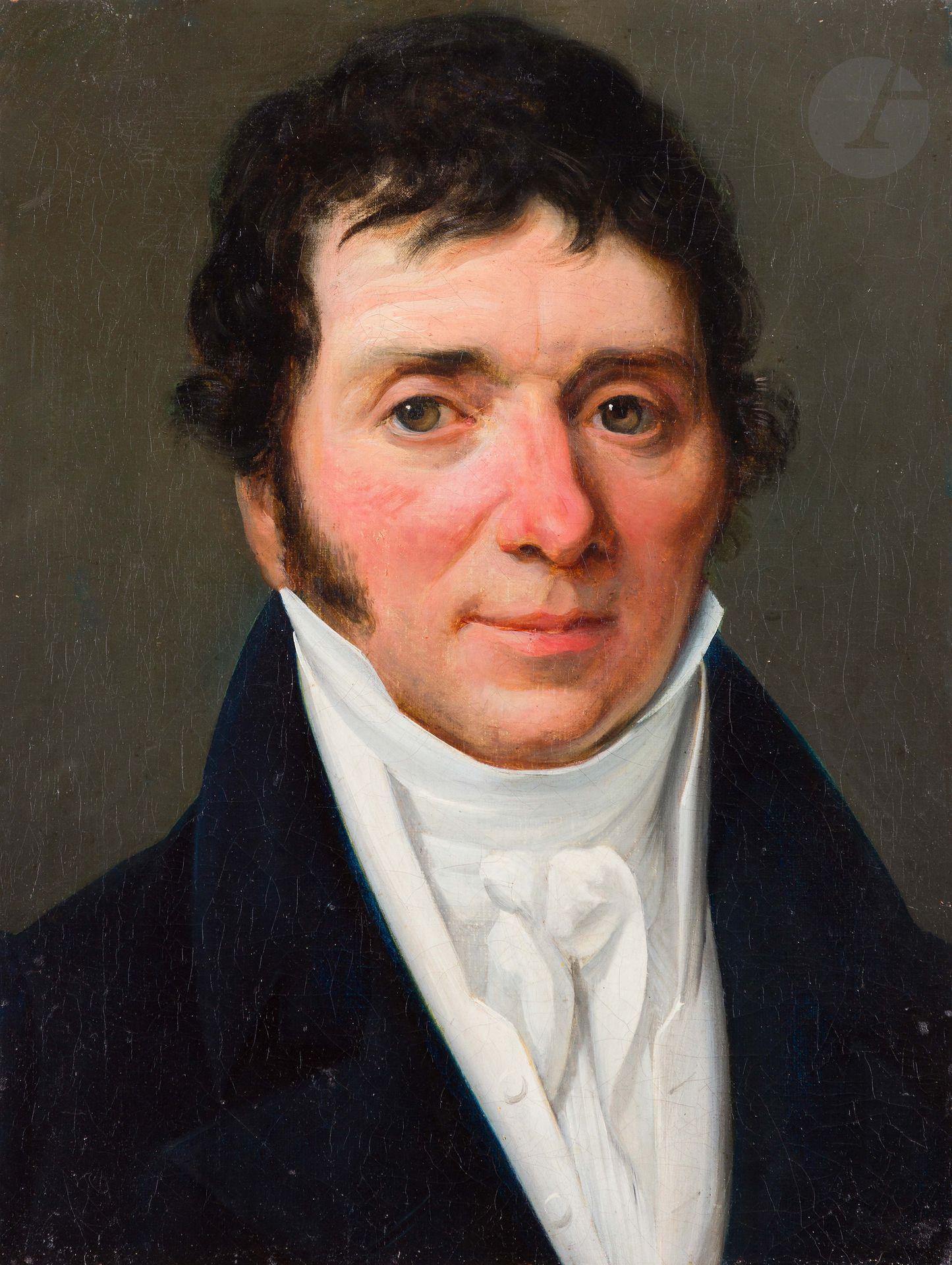 École FRANÇAISE vers 1830
Portrait d’homme au col blanc
Toile, coupée, marouflée sur contreplaquée
41,5 x 31,5 cm