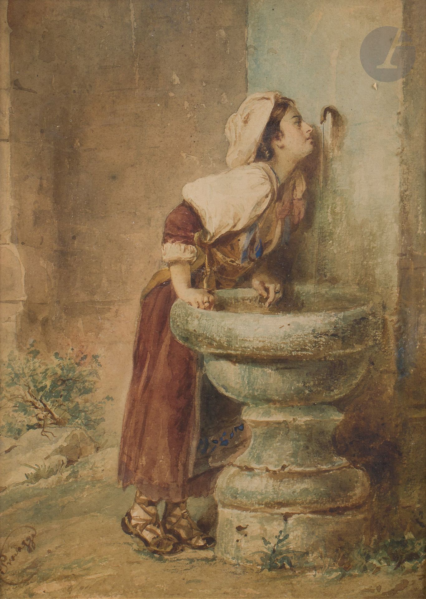 ÉCOLE ITALIENNE vers 1900
Femme à la fontaine
Aquarelle.
Signée en bas à gauche.
27x19cm