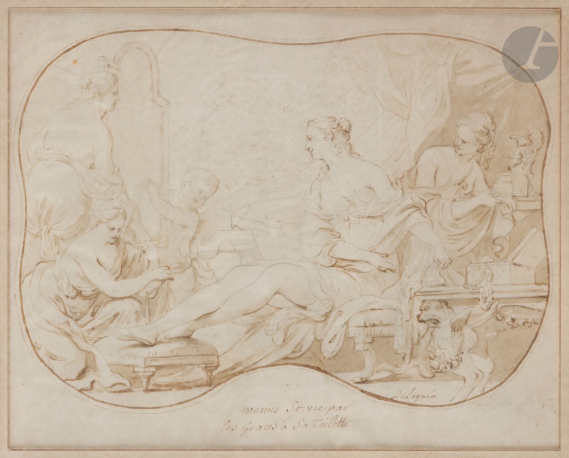 ECOLE FRANçAISE du XVIIIe siècle
D’après Lagrenée
Venus à sa toilette
Plume et encre brune et lavis brun.
Forme dessinée chantournée.
Annotée «De Lagrenée vénus servie par les Grâces à sa toilette».
18,5 x 23,5 cm