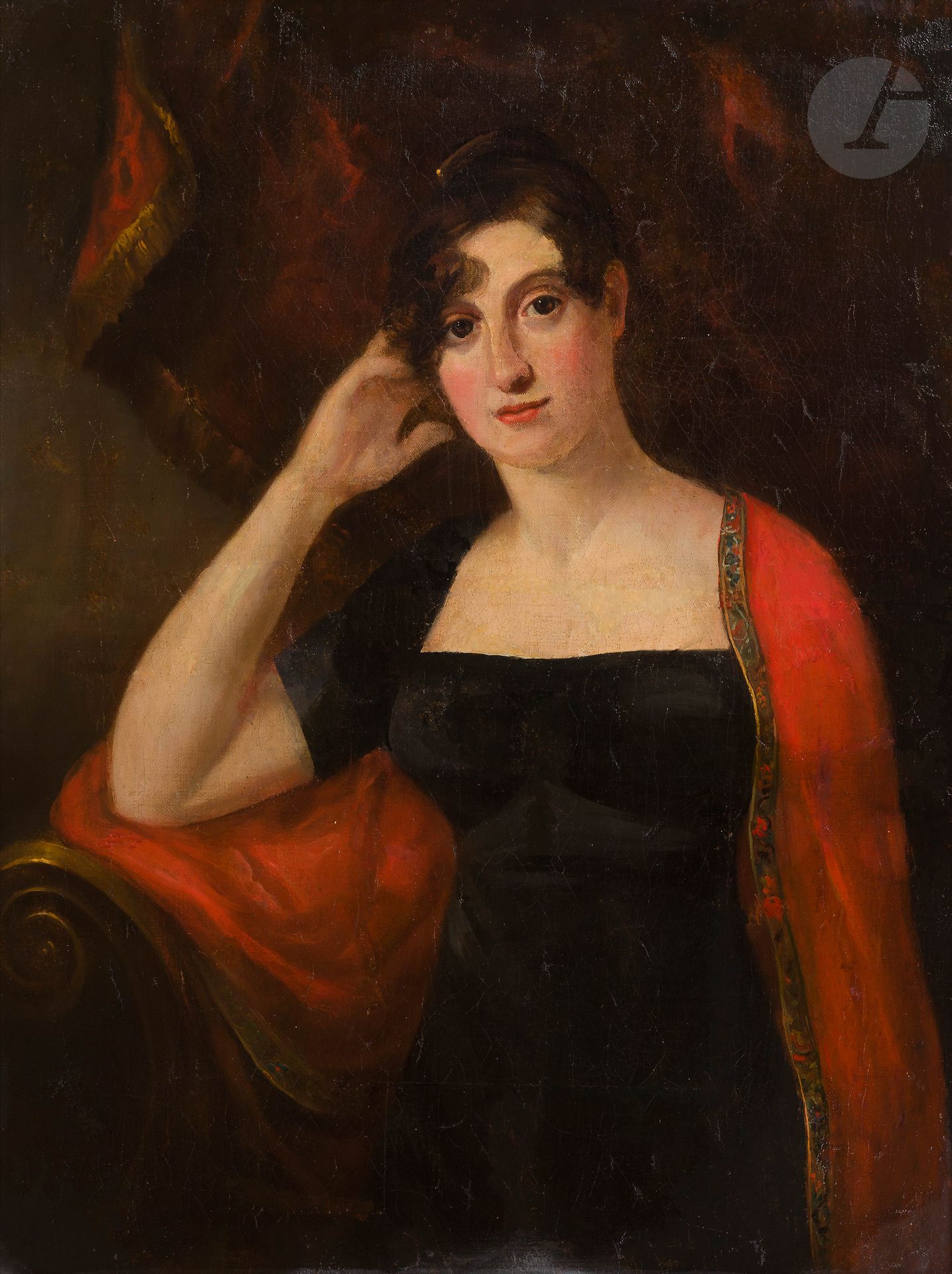 École ANGLAISE du XIXe siècle
Femme au châle rouge
Toile d’origine
64 x 54 cm
(accidents et restaurations)