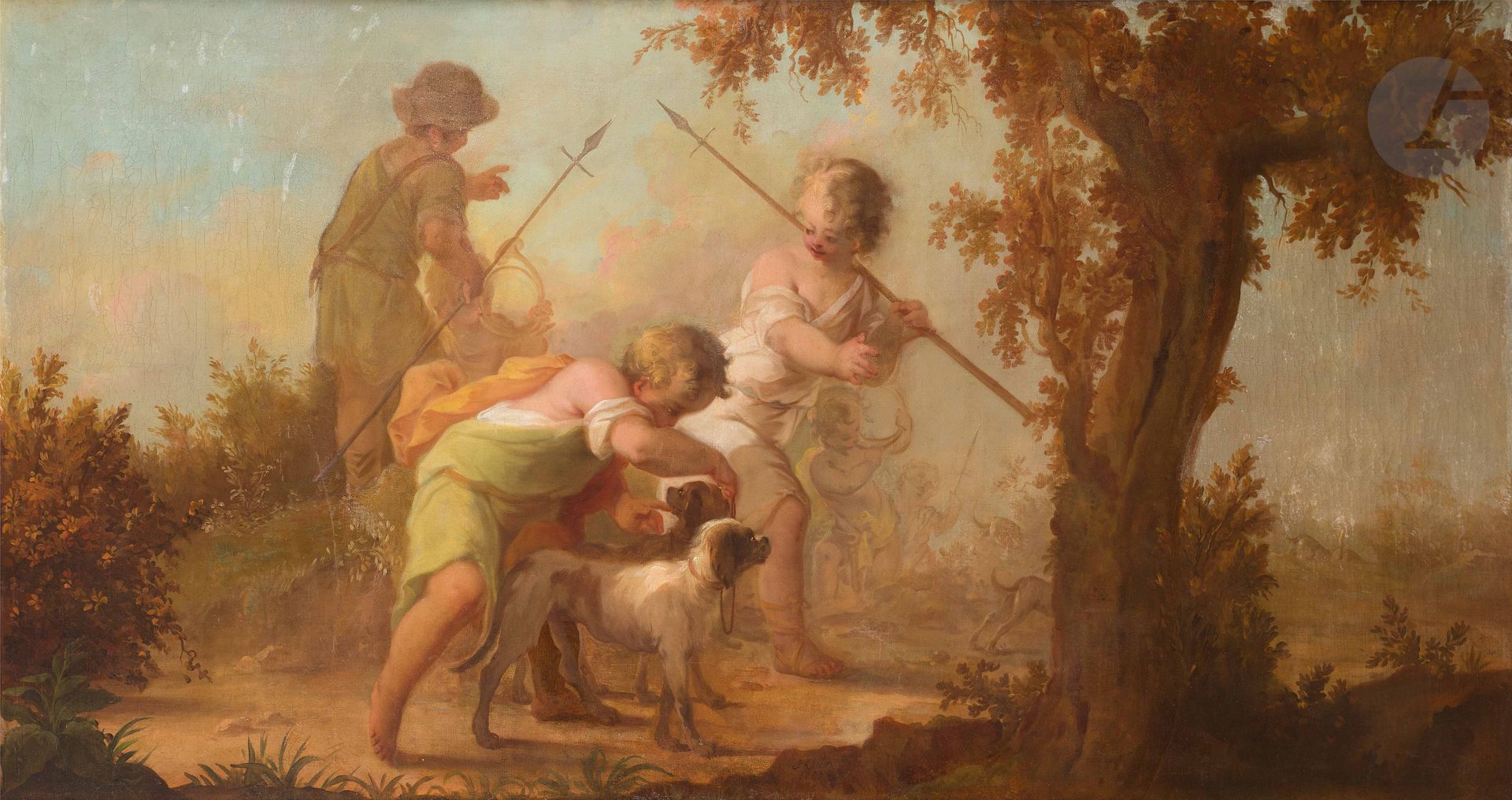 Johann Heinrich KELLER
(Zürich 1692 - La Haye 1765)
Jeunes enfants chasseurs
Toile anciennement chantournée, agrandie sur les côtés
Signée et datée au centre « J Keller / 1753 «
82,5 x 163 cm
(Restaurations anciennes)
Ce tableau peut être rapproché de cinq toiles, aux dimensions similaires, commandées par Guillaume IV d’Orange-Nassau, aujourd’hui conservées au Stichting Historische Verzamelingen van het Huis Oranje-Nassau de La Haye. Ces cinq toiles, comme notre tableau, sont datées 1753.