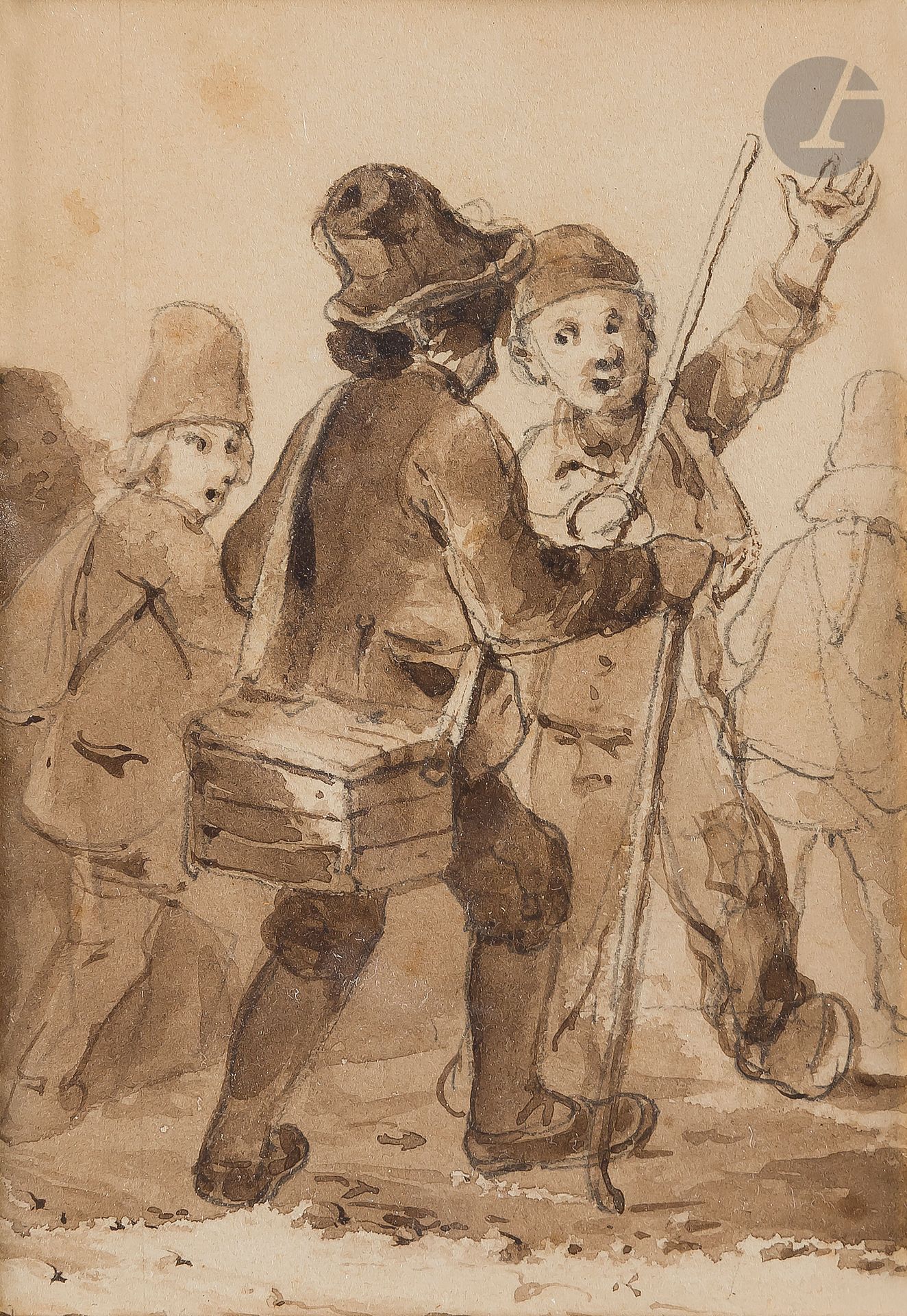 CHARLET 
Défilé des enfants
Plume, encre brune, lavis brun et caryon noir.
(Quelques taches, légèrement insolé).
10,5 x 9 cm - 10,5 x 7 cm