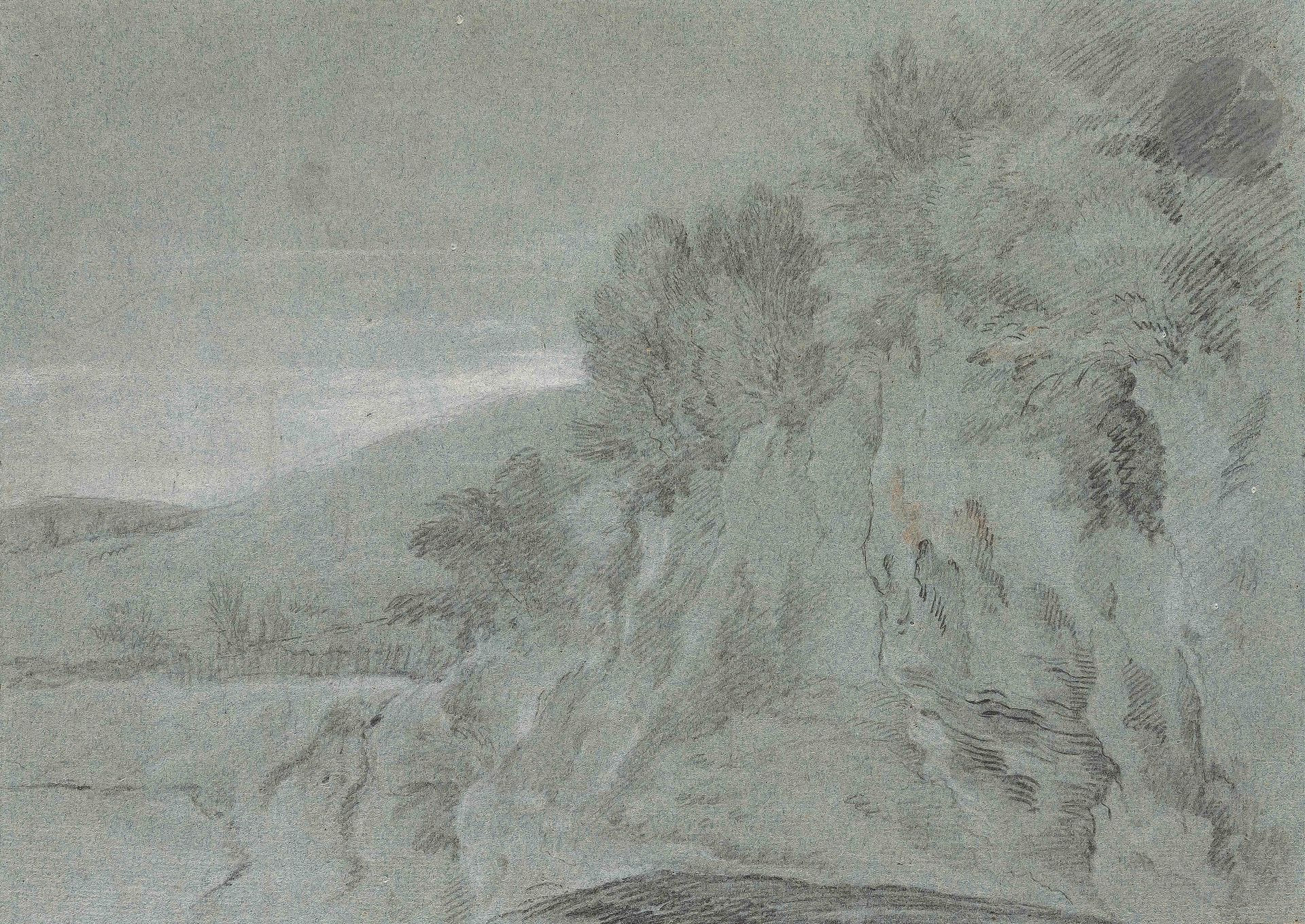 Michel-Ange CHALLE (1718-1778)
Paysage
Crayon noir et reghauts de craie balnche sur papier bleu.
(Collé sur un montage ancien).
27 x 38 cm