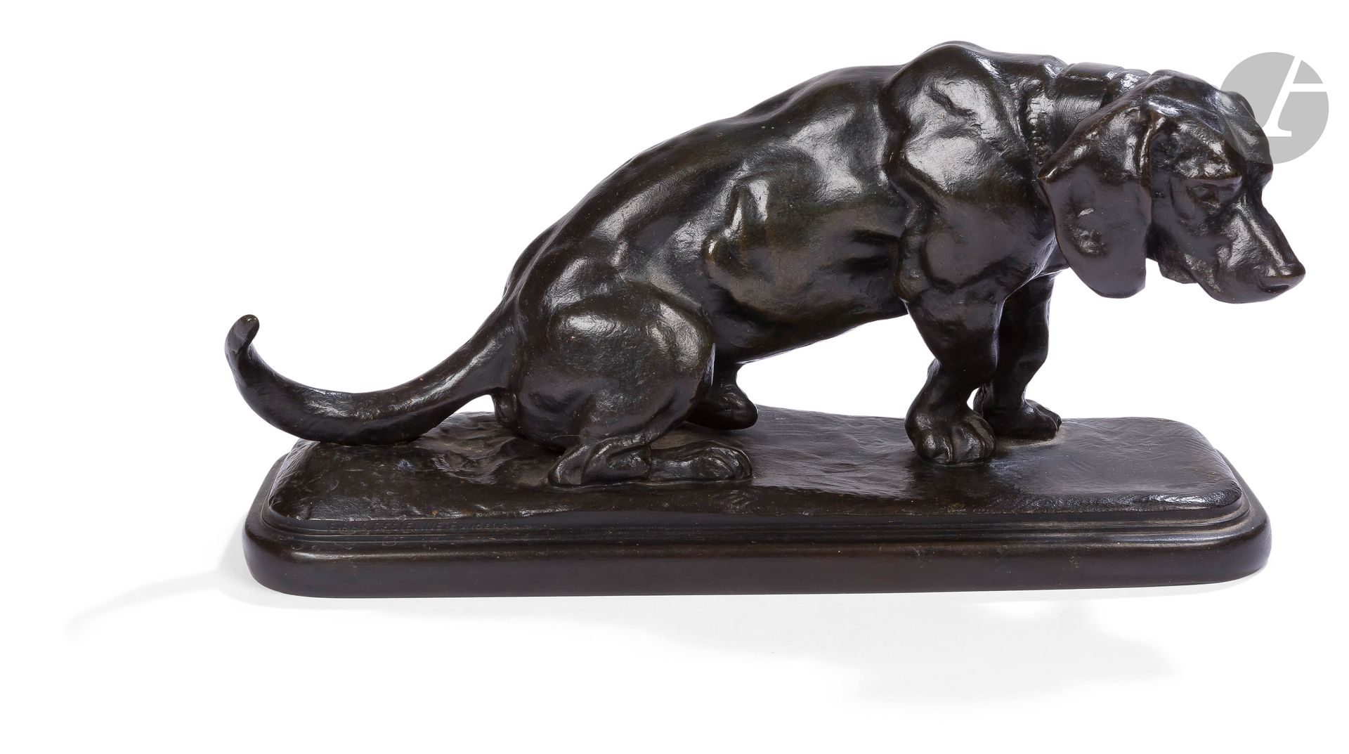 Antoine-Louis Barye (1795-1875)
Basset assis (poils longs, tête tournée à gauche) et Basset assis (poils ras, tête tournée à droite)Deux épreuves en bronze à patine brun formant pendant.
Signés « BARYE » à l’arrière de la terrasse.
Portent les numéros incisés « 20 » et « 679 », et pour l’un le numéro inscrit à l’encre « 2412 »
H : 12,5 x terrasse 26 x 9,7 cm
Littérature en rapport :
- Michel Poletti, Alain Richarme, Barye, le catalogue raisonné des sculptures, Paris, Gallimard, 2 000, modèles répertoriés sous les n° A 31 et A 32, p. 152 ;
- Florence Rionnet, Les Bronzes Barbedienne. L’œuvre d’une dynastie de fondeurs (1834-1954), Paris, Arthena, 2016, modèle répertorié sous le n° Cat. 312, p. 254
Ces deux bassets sont conçus par Barye en pendants. Le tirage de l’atelier Martin-Barye est extrêmement réduit, nos exemplaires sont des fontes anciennes par Barbedienne.