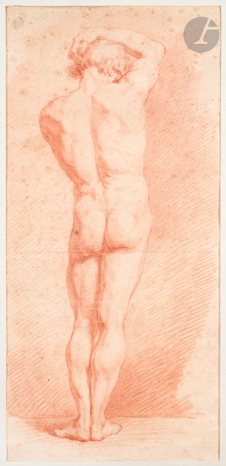 ÉCOLE FRANÇAISEdu XVIIIe siècle
Académie d’homme
Sanguine.
(Pliures, rousseurs, taches).
47 x 26,5 cm