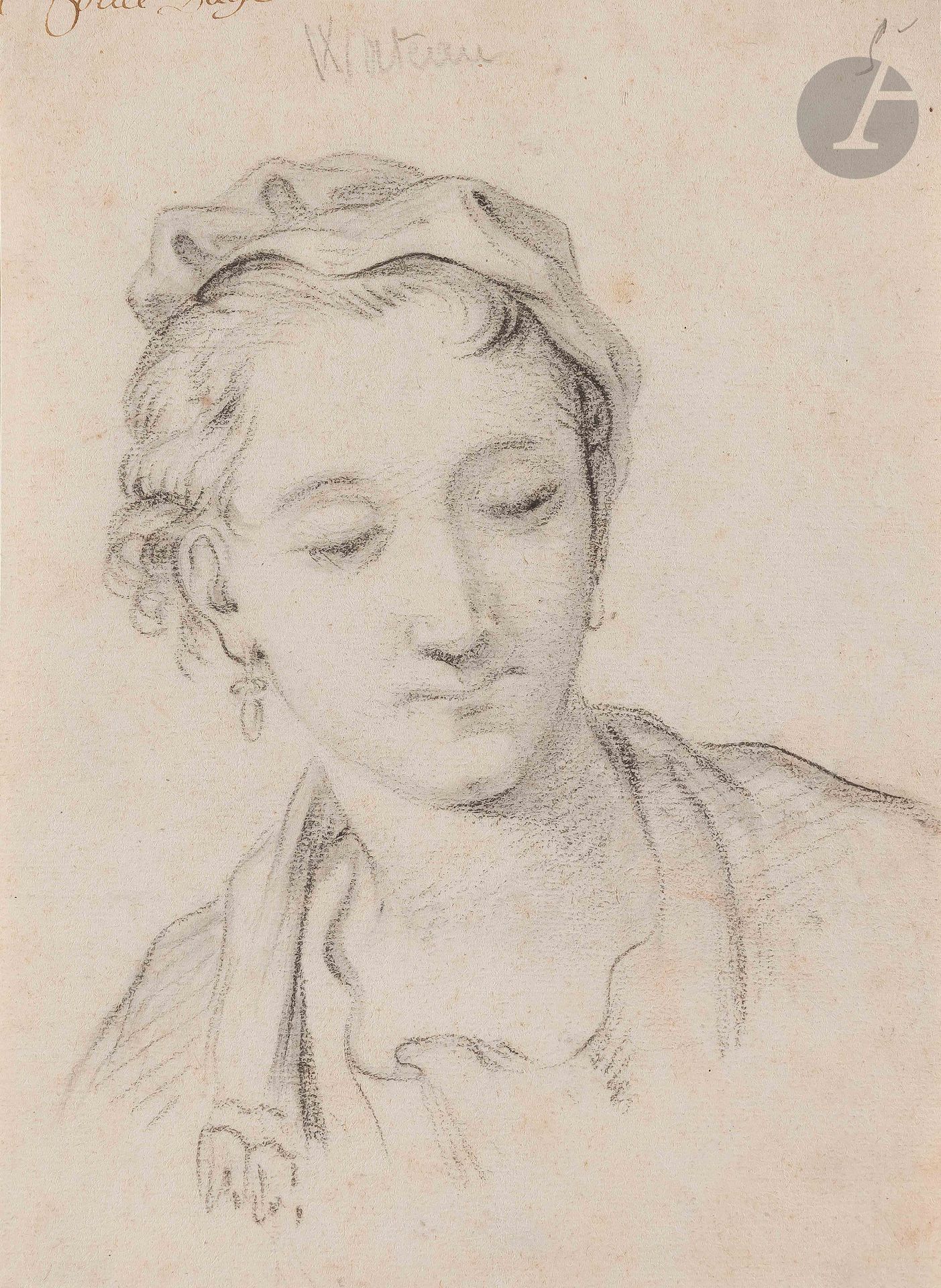Atelier de François BOUCHER
Tête de femme d’après Watteau
Pierre noire et lavis gris.
23.5 x 17.5