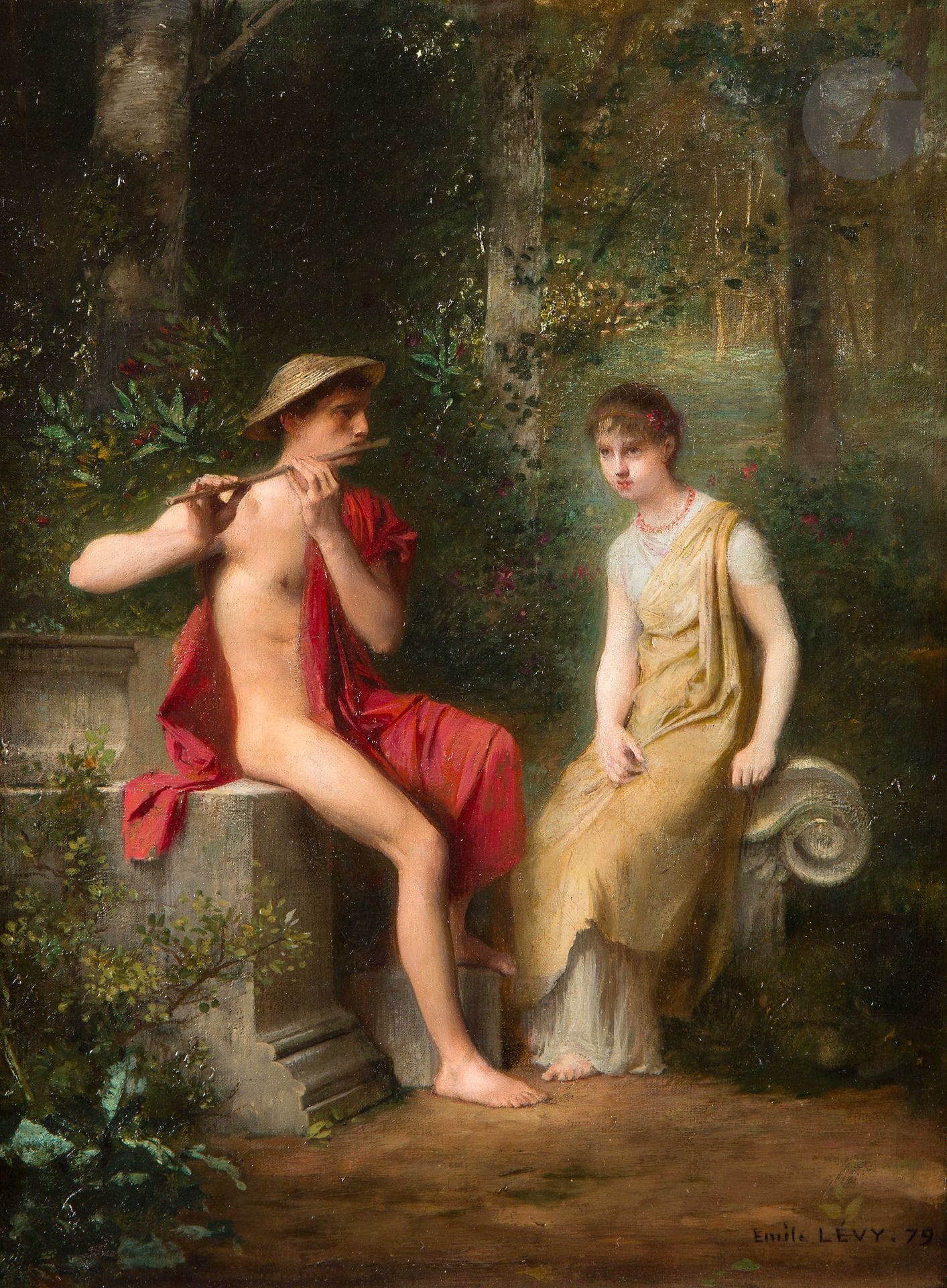 Émile LEVY (Paris 1826 - 1890)
Jeune berger musicien dans un parc
Toile d’origine
Signée et datée en bas à droite «Emile LEVY . 79.»
30 x 23,5 cm