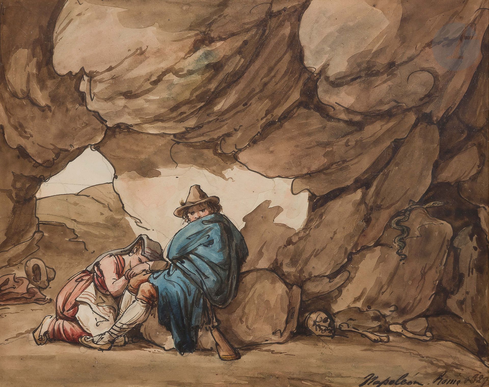 Attributed to Louis Napoleon 3 future emperor of France
Brigand and his wife, 1829
Watercolor, pen and black ink over black pencil lines.
Signed and located in Rome and dated 1829 lower right.
19,2 x 24 cm
Provenance : Count of Arjonzon (label on the back)
