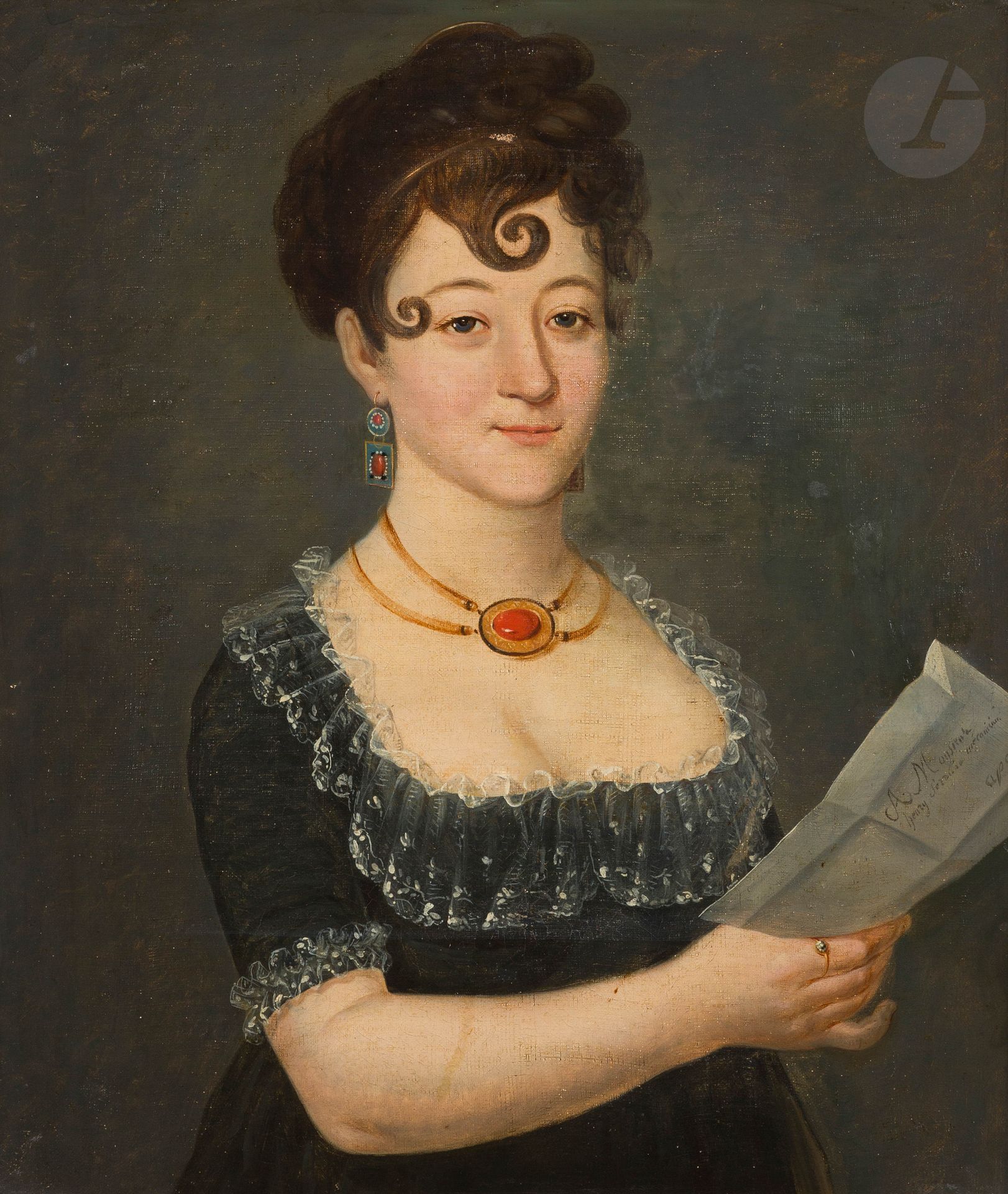 École FRANçAISE du XIXe siècle
Portrait de femme au collier de corail
Toile
63 x 54 cm
(Accidents)