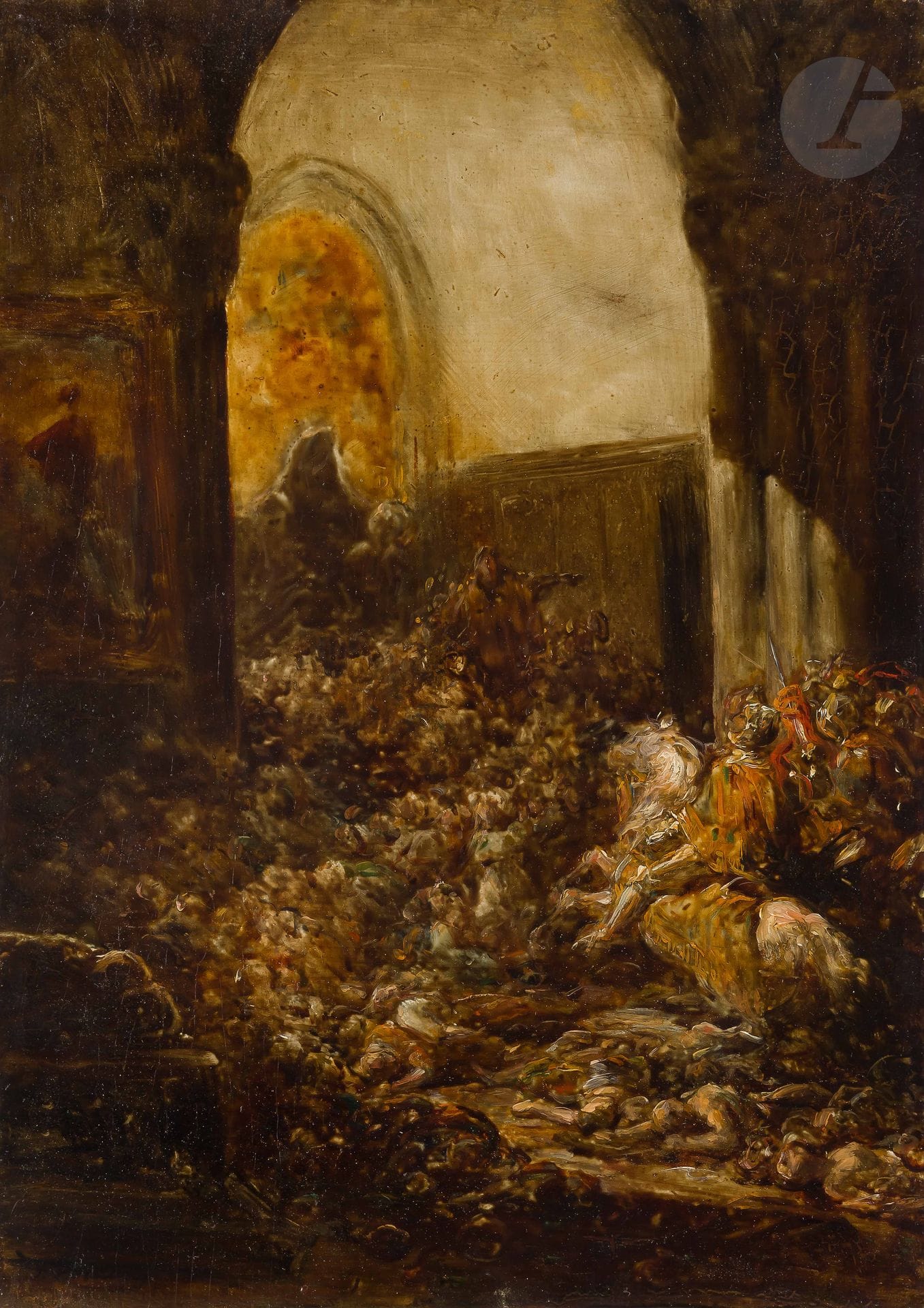 Joseph HORNUNG (Genève 1792 - 1870)
Episode des guerres de religion
Panneau de chêne, une planche, préparé
Signé en bas à gauche « J.Hornung »
Dédicacé, signé et daté au revers « ..quille  /  a son ami Marc Dubrit / J. Hornung 1865 »
43 x 30,5 cm