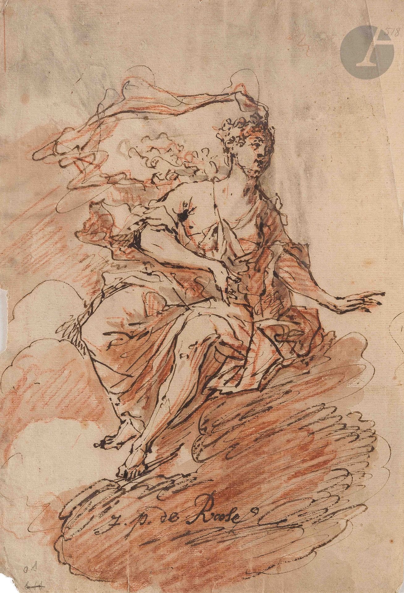 ECOLE FLAMANDE vers 1700
Figure féminine plafonnante
Plume, encre brune sur sanguine, lavis gris.
Au verso: plusieurs études de silhouettes à la sanguine.
Annoté dans le bas de lefeille : J.P.DE Roose».
(Coin manquant en haut à droite et petits manquess sur le côté gauche).
32 x 22 cm
