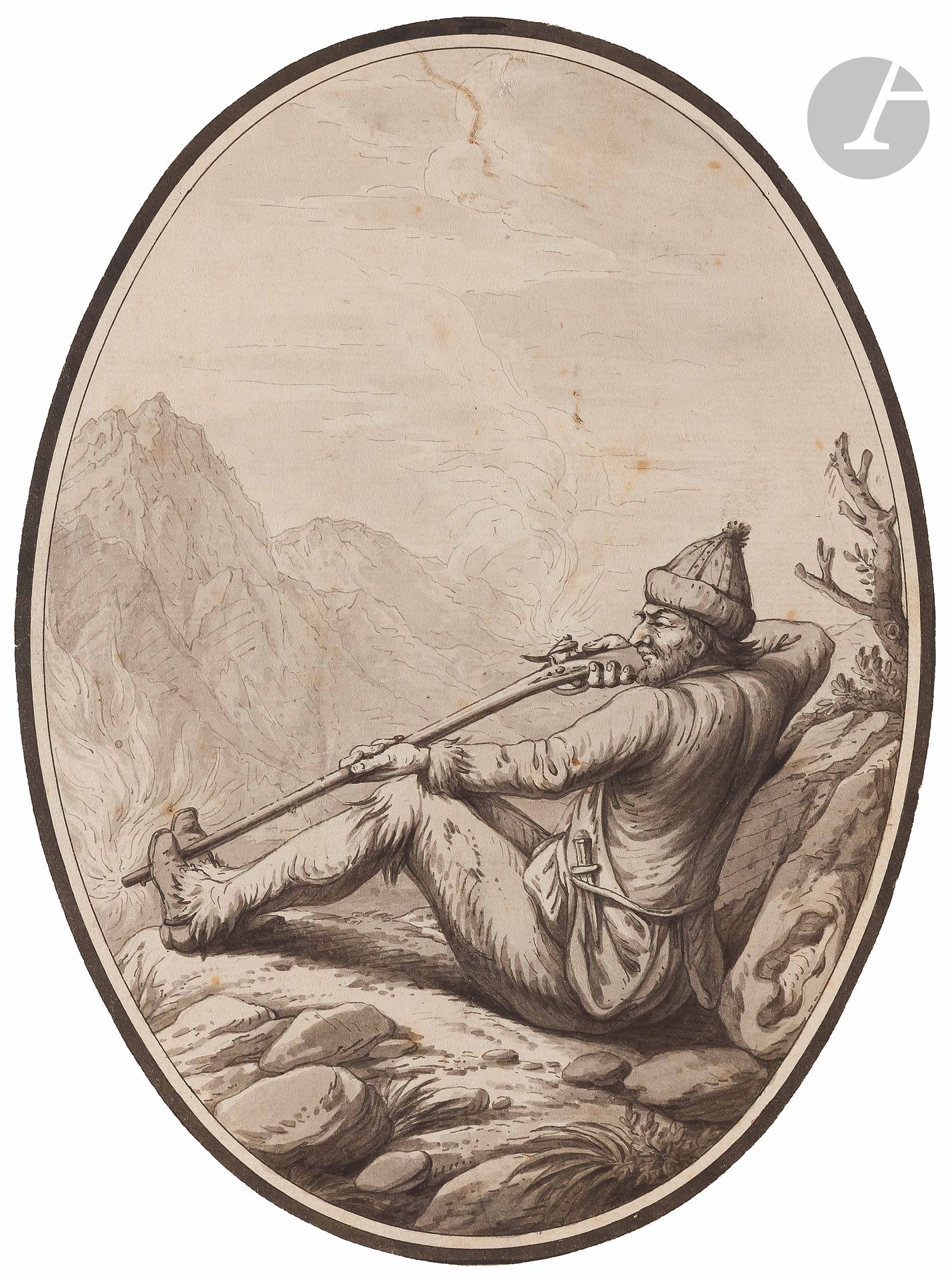 ÉCOLE FRANçAISE du XVIIIe siècle
Bandit Corse
Plume et encre de Chine, lavis gris.
Forme ovale.
21,5 x 16 cm