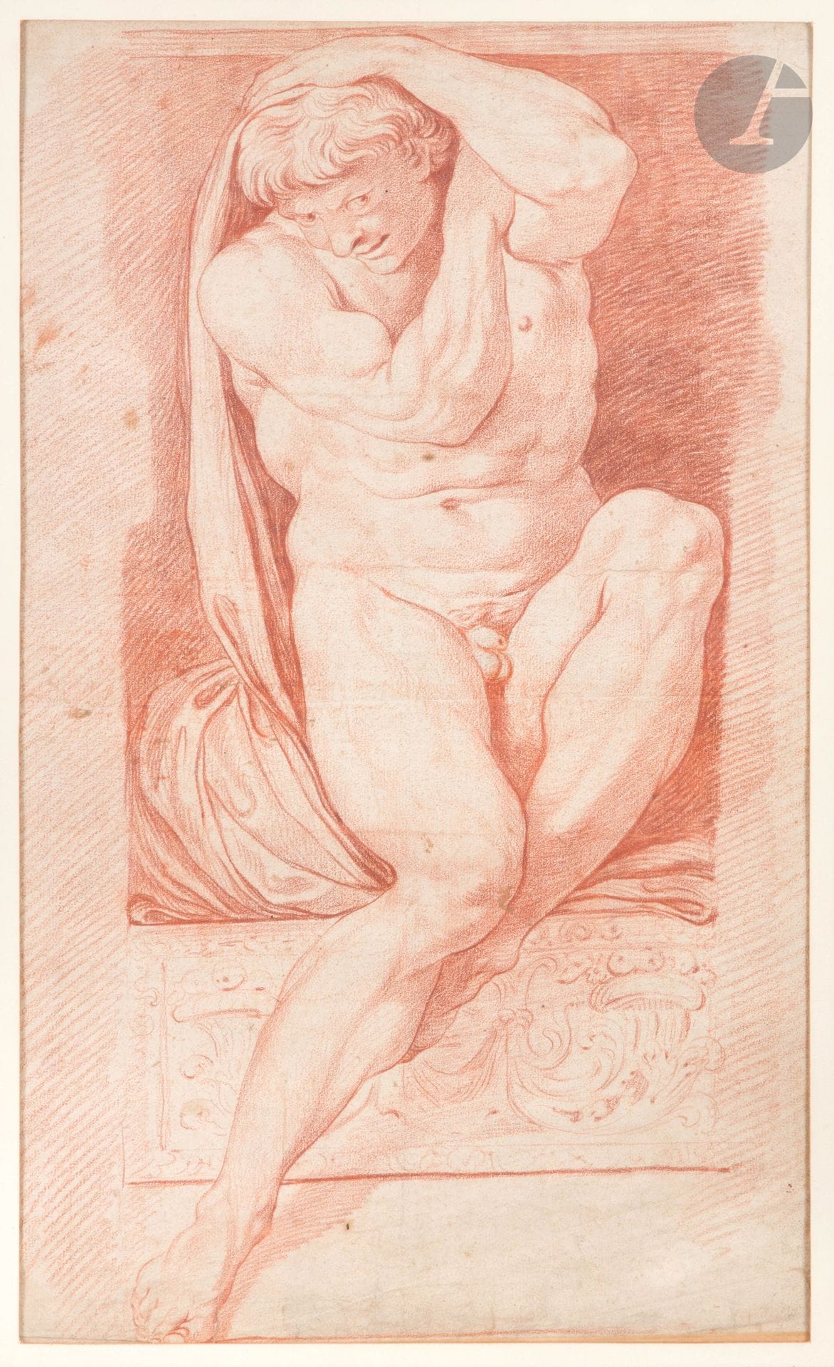 ÉCOLE FRANÇAISE du XVIIIe siècle
Relevé d’un atlante dans un décor italien
Sanguine.
(Pliures).
47 x 26,5 cm