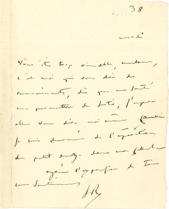 Juliette RÉCAMIER (1777-1849). L.A.S. « J.R. », mardi, à la marquise de Custine ; 1 page in-12, adresse avec cachet de la collection Max Thorek.
« Vous êtes trop aimable, Madame, c’est moi qui vous dois des remerciements, dès que ma santé me permettra de sortir, j’espère aller vous dire moi-même combien je suis charmée de l’apparition du petit ange [Astolphe de Custine] dans ma cellule »…
On joint une L.A.S. de Prosper Ballanche, vendredi matin, invitant un ami à venir entendre la comédienne « Mademoiselle Rachel » chez Madame Récamier ce soir…