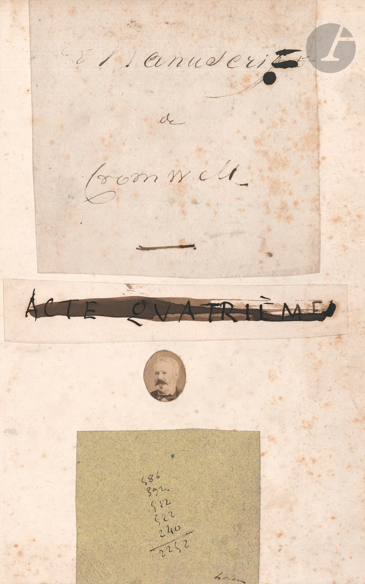 Victor HUGO. 3 P.A. ; 3 pages in-12 ou in-16 montées sur un feuillet in-4 avec une petite photographie.
« Manuscrit de Cromwell » ; « Acte quatrième » (biffé) ; additions.
On joint le Supplément du Gil Blas (27 février 1885) : Le 83me anniversaire de Victor Hugo, avec de nombreux fac-similés d’hommages.