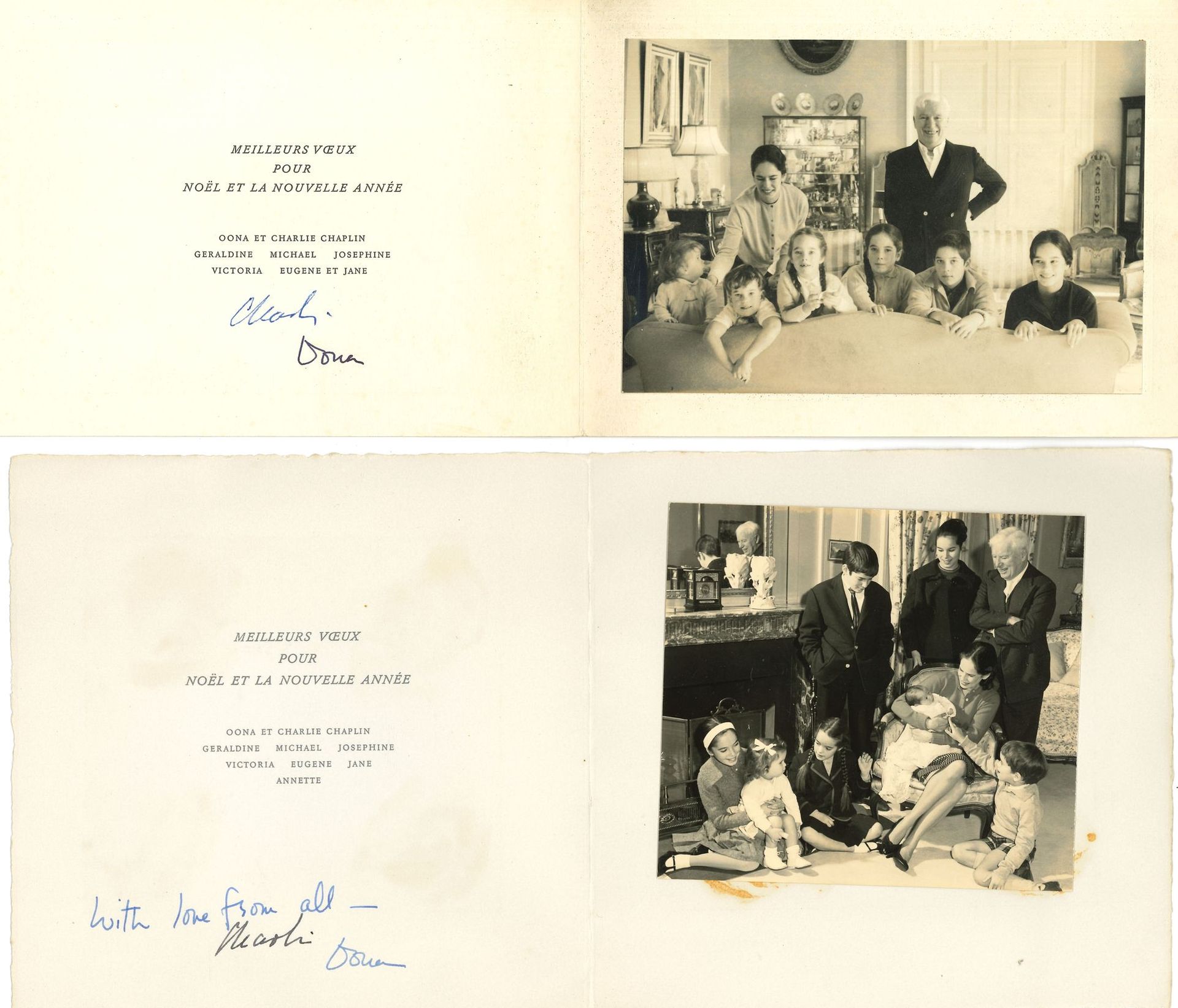 Charlie CHAPLIN. 18 cartes de vœux avec photos de famille, 1953-1977, 3 avec la signature autographe « Charlie », les autres écrites et signées par Oona Chaplin ; en anglais.
Les photos de Chaplin entouré de sa famille sont prises dès l’installation dans la maison de Vevey, et on voit la famille s’agrandir au fur à mesure des naissances. La dernière carte montrant Charlie Chaplin est datée d’avril 1977 [il est mort dans la nuit du 25 au 26 décembre 1977].
On joint 2 L.A.S. par Jean Hugo et par Jean Godebski (vœux illustrés, 1955-1976).
