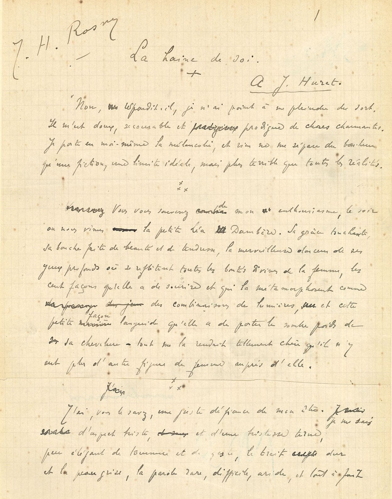 Joseph-Henri ROSNY aîné. 9 autograph manuscripts signed, [1897-1900]; 55 pages in-fol. or in-4, cut out for printing and mounted on laid paper.
Beautiful set of nine tales, published in L'Écho de Paris (we indicate in square brackets the dates of publication). These manuscripts were used for printing in the newspaper, with typographical marks in blue pencil; they present erasures and corrections.
La haine de soi [27 September 1897, collected in Le Coffre-fort, Rouff 1914], dedicated to Jules Huret (6 p. in-4).
Le Destin [22 November 1897] (6 p. in-fol.).
Le Platonique [December 9, 1897], dedicated "To Madame L. Lacour" (5 p. in-4, the end is missing).
Guitars [3 January 1898], (8 p. in-fol.).
Viviane [January 17, 1898], dedicated "To Madame F." (7 p. in-fol.).
La Bonne Mort [31 January 1898], dedicated to Mrs Syamour (8 p. in-fol.).
Au Pays du Tendre [March 28, 1898], dedicated "To Mme M. B." (6 p. in-fol.); this tale is related to the cycle of the "Club du Fumoir", with the reappearing character of Jacques-le-Taciturne.
La Bergère [13 July 1900], dedicated to Victor Tissot (7 p. in-fol.).
L'officier pauvre [22 October 1900]; the dedication has been carefully cancelled; this tale is part of the cycle of the "Club du Fumoir" (4 p. in-4 cut out for printing and not reassembled).
Attached is an autograph manuscript, later by design, untitled, and with the end missing; incipit: "Philippe was waiting for me with anxious impatience"... (8 p. in-4, with erasures and corrections).