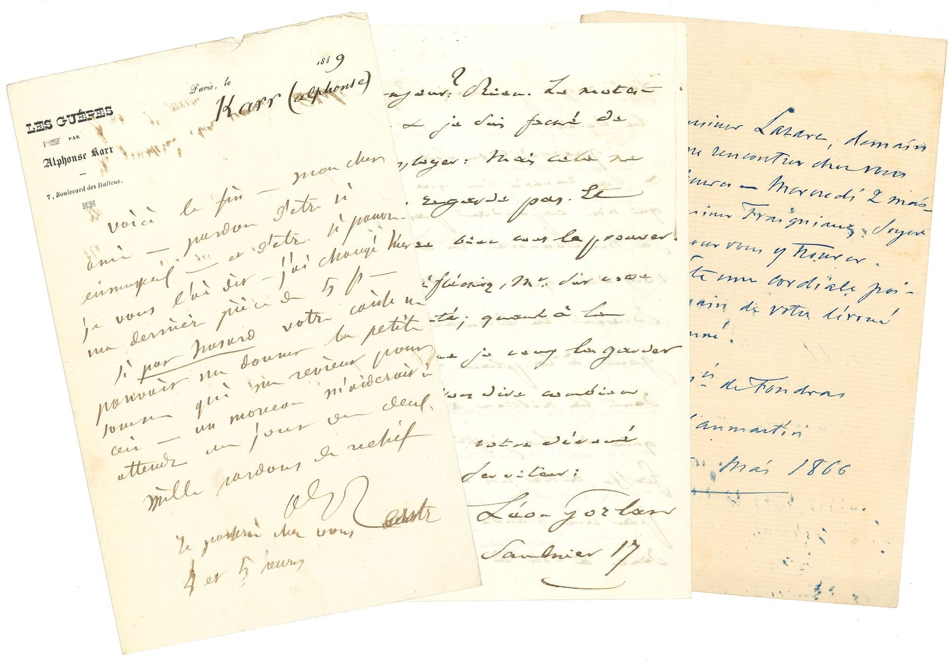 LITERATURE F-M. About 69 letters or pieces, mostly L.A.S., 19th century.
Pier Angelo Fiorentino, Hippolyte Fortoul (to Souvestre), Marquis de Foudras (3), Hector France (ms La folle du port), Émile Gaboriau (2, to Lemer and Souverain), Émile de Girardin, Henri Gourdon de Genouillac, Léon Gozlan (4 to Desnoyers and Dutacq), Alphonse Karr (2), Paul de Kock (2, and ms Les orgues de Barbarie), Henry de Kock (3, and 2 from his daughter Caroline Marceuil), Jules Lacroix (2 and a sonnet), Octave Lacroix, Paul Lacroix (6, including one to Quérard with bibliographical notes and a note on photographic caricatures), Mary Lafon (2 treatises with Ch. Lahure), Alphonse de Lamartine, Savinien Lapointe, Ernest Legouvé (3), Léo Lespès, Félicien Mallefille (to Ch. Desnoyers), Hector Malot (8, and a corrected proof), Michel Masson, Édouard Mennechet, Joseph Méry (3, of which 2 to Dumas), Jules Michelet (3), Henry Monnier (3), Charles Monselet (3)