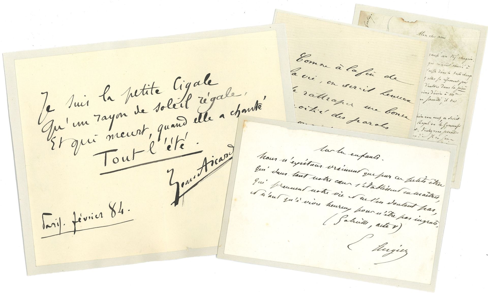 LITTÉRATURE. 50 lettres ou pièces environ, la plupart L.A.S.
Amédée Achard (à F. Solar), Jean Aicard (tercet), Émile Augier (quatrain), Roger de Beauvoir, Adolphe Belot, J.B. Capefigue, Jules Claretie, Antoine Clesse (quatrain), Paul Déroulède (à D. de Regoyos), Henri Dérieux (poème Le conseil, et ms Une danseuse persane), Octave Feuillet, Paul Féval, Louis Figuier, René Ghil (2, une à Dujardin), Charles Gide, Émile de Girardin, Jean Grave, Eugène Gressin-Dumoulin (quatrain), Théo Hannon, Jules Janin, Paul de Kock, Henri-Dominique Lacordaire, Marius-Ary Leblond, Charles Le Goffic, Ernest Legouvé, Jules Lemaitre, Camille Lemonnier, Paul Lindau, Émile Littré, Luc Malpertuis, Paul et Victor Margueritte, Jules Michelet (sur Robespierre), Paul Neuhuys (poème), François de Nion, Edmond Picard, Henri Rochefort, Francisque Sarcey (sur la Belgique), Victorien Sardou, Aurélien Scholl, Eugène Scribe, Eugène Sue (à Gosselin, sur ses œuvres complètes), Amable Tastu, baron Taylor, Auguste Vacquerie, Marguerite Van de Wiele, Pierre Véron, Abel Villemain, Albert Wolff.