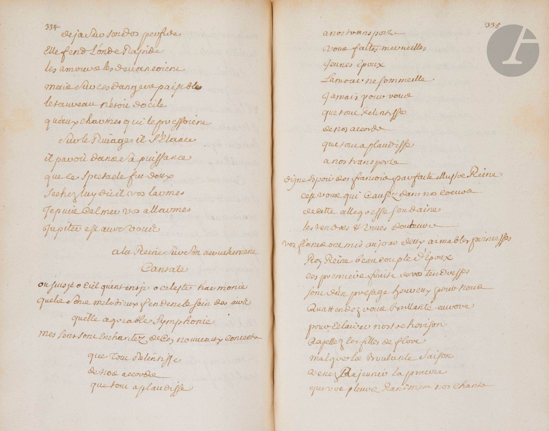POÉSIES. Recueil manuscrit XVIIIe s. ; vol. in-4 de 637 p. plus table, dos basane brune (rel. usagée).
Environ 150 pièces : ballades, cantates (à la Reine sur son accouchement), contes, églogues, élégies, épithalames, épitres (au cardinal de Fleury, au géographe Sanson…), fables, historiettes, idylles, odes, poèmes, stances, satyre, pièces diverses (à Largillière, éloge du thé…).
On joint un petit Recüeil de pieces manuscrit relié (in-12) ; et un ensemble de 22 cahiers in-12 non reliés (plus de 600 p.) par Charmat, Recueil de touttes les pieces de vers que j’ay… avec table (plus de 500 pièces). Plus un petit ms broché oblong Mes Plaisirs (XIXe s.).