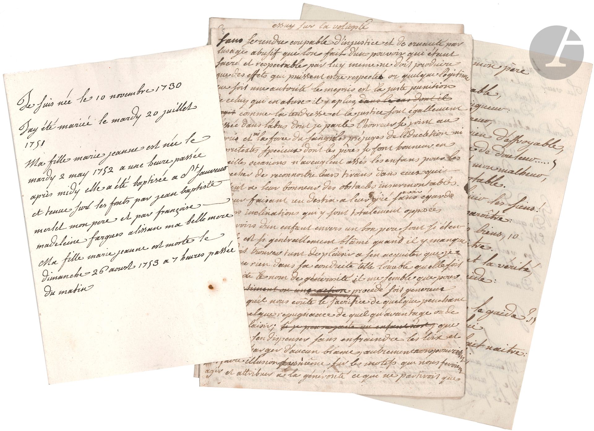 Marie-Anne de LA TOUR de FRANQUEVILLE (1730-1789) femme de lettres, correspondante de Jean-Jacques Rousseau. Ensemble de manuscrits autographes et de 28 L.A., plus des pièces et lettres à elle adressées 1753-1772 ; environ 200 pages formats divers.
Très intéressant ensemble de manuscrits et lettres.
[Croyant se reconnaître dans le personnage de Julie de La Nouvelle Héloïse (1761), Marianne de La Tour entre anonymement en contact avec Rousseau, avec la complicité de son amie Madame de Bernardony, qui croit être Claire. Celui-ci répond ; s’engage alors une correspondance, qui, malgré le peu d’entrain de Jean-Jacques, s’étendra jusqu’à 1776. Cette correspondance, publiée en 1803, fit l’objet d’un commentaire de Sainte-Beuve dans les Causeries du Lundi (1850). Femme d’esprit, convertie aux idées rousseauistes, elle se plait à écrire essais et poésies, et à cultiver une belle correspondance avec ses amis. Séparée de son mari en 1755, elle se retire par la suite au couvent du Bon Secours et à l’Abbaye aux Bois. Elle meurt à Saint-Mandé le 7 septembre 1789].
4 manuscrits autographes : 
– brève notice biographique (1 p. in-8) : « Je suis née le 10 novembre 1730. Jay été mariée le mardy 20 juillet 1751 »…
– Cahier, [vers 1755 ?] (12 p. in-8 remplies d’une écriture serrée). Le texte, très corrigé, se veut un essai sur la générosité (publié dans la revue Lias, 2012 sous le titre La générosité en société et le tempérament français). Citons le début : « Sans se rendre coupable d’injustice et de cruauté par l’usage abusif que lon fait d’un pouvoir qui étant sacré et respectable par luy meme ne doit produire que des effets qui puissent estre respectés »… 
– Essay sur la volupté (cahier de 14 p. in-8). « Le commun des hommes accoutumé a substituer des idées fausses a celles qui sont reellement anexées aux termes en a attaché de si grossieres a celuy de volupté qu’une fille décente ne le prononceroit pas sans rougir. Jose pourtant dire non seulement que cest a tort qu’il est proscrit de sa bouche mais encore qu’elle est plus a portée de le definir que personne »…
– poème, Vers sur la mort de mon père (3 p.et demie petit in-4).
Correspondance : 27 L.A., Paris, Orangis, Cambray, Bon Secours, l’Abbaye aux Bois, la plupart non datées (1753-1772), à divers destinataires : son voisin M. de Chalabre (7), son amie Mme de Bernardony (à propos de son mari et de la lettre de cachet), Don Amédée maître des Novices de la Trappe (lui demandant de prier pour sa sœur morte), la comtesse de Longueval, le chevalier de Méré, le chevalier Dassier (1772), et d’autres correspondants avec qui elle échange dans cette belle langue du 18e siècle. Elle y parle de littérature, de philosophie et de poésie ; dans une lettre de l’Abbaye aux Bois, 9 décembre, elle dit son admiration pour Voltaire et Mademoiselle Corneille. Avec ses correspondants masculins, elle joue à la coquette, et leur accorde son « amitié » ; elle dit son plaisir d’écrire « Si vous continués a m’accabler de choses flatteuses sur ma façon d’écrire : elle est toute simple […] vous mérités bien plus des complimens que moi vous Mr qui tout en vous plaignant d’une langue qui ne devroit pas encore vous estre familiere, vous en servés de façon à faire penser que vous lui supposés des finesses qu’elle na pas […] vous prouvés que l’esprit est citoyen du monde entier, et que tout idiôme obéit aux idées de celui qui sait bien le manier ». Elle se livre parfois : ceux « qui ne connoissent que mon esprit, ont pu douter des qualités de mon cœur, et par conséquent ne me pas reconnoitre au portrait parfait de tout point, que vous avés fait de moi » ; elle demande consolation à son « cher Orphée »… Etc.
Copies de lettres : un petit cahier (23 p. in-8), copies de 8 lettres à Mme de Bernardony et 2 lettres à M. de Bernardony, à propos de philosophie, métaphysique et Platon. Plus la copie d’une lettre de Mme de La Tour au comte d’Hérouville (21 janvier 1763).
Lettres à elle adressées. – 13 L.A. ou L.A.S. de Claude-Pierre Patu (1729-1757) Paris, 21 août-26 octobre 1753 (34 p. formats divers). Il adresse à Mme de La Tour des lettres et des vers enflammés auxquels elle répond cruellement ; il lui envoie les poèmes de Crébillon, et devant son indifférence lui demande de lui renvoyer ses lettres. On joint la copie des lettres de Mme de La Tour à Patu. – Plus des jeux de style : 6 lettres à elle adressées (dont 3 par M. de Bernardony)…
Poèmes à elle adressés. 20 poèmes (vers, bouquets, chansons, portraits, étrennes, etc.) dédiés « À Madame de La Tour » (env. 35 p.). Par Mr le Chevalier de F… (plus une Épitaphe et un Envoi, tous deux en vers), Bouquet à Madame de La Tour pour le jour de sa feste (2), Charmante de la Tour…, Sur le portrait de Madame de La Tour par Mr Garand, Portrait abrégé de Mme de La Tour, Épitre, Madrigal, Chanson, Étrennes, ,par Mr Le Brun, , par Mr de Fualdès, etc…Plus 70 autres poèmes ou billets galants. Et 3 poèmes dédiés à la duchesse d’Orléans, au prince de Conti, au marquis de Maille