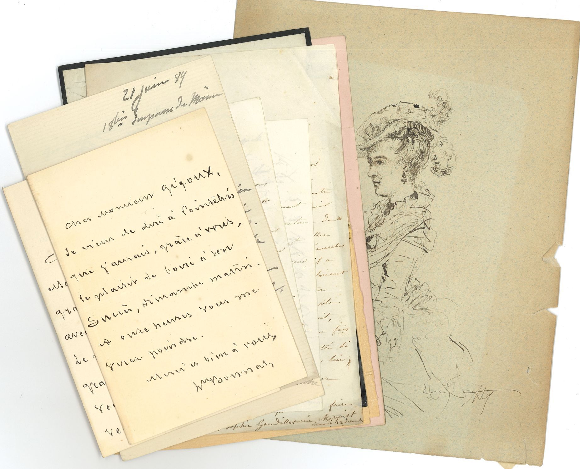 [Jean GIGOUX (1806-1894)]. 12 L.A.S. à lui adressées.
Léon BONNAT (2), Henri BOUCHOT (2), Jules DALOU (2, 1889, parlant de son travail pour la place de la Nation et de son portrait), Camille Duparquet (2), Sophie Gaudillot née Marquiset (2), Tony ROBERT-FLEURY, Jules SIMON (1890).
On joint une lettre concernant Gigoux ; 2 cartes de visite autogr. de Bonnat et Puvis de Chavannes ; une circulaire du comte de Nieuwerkerke ; et un dessin à la plume (portrait de femme).
