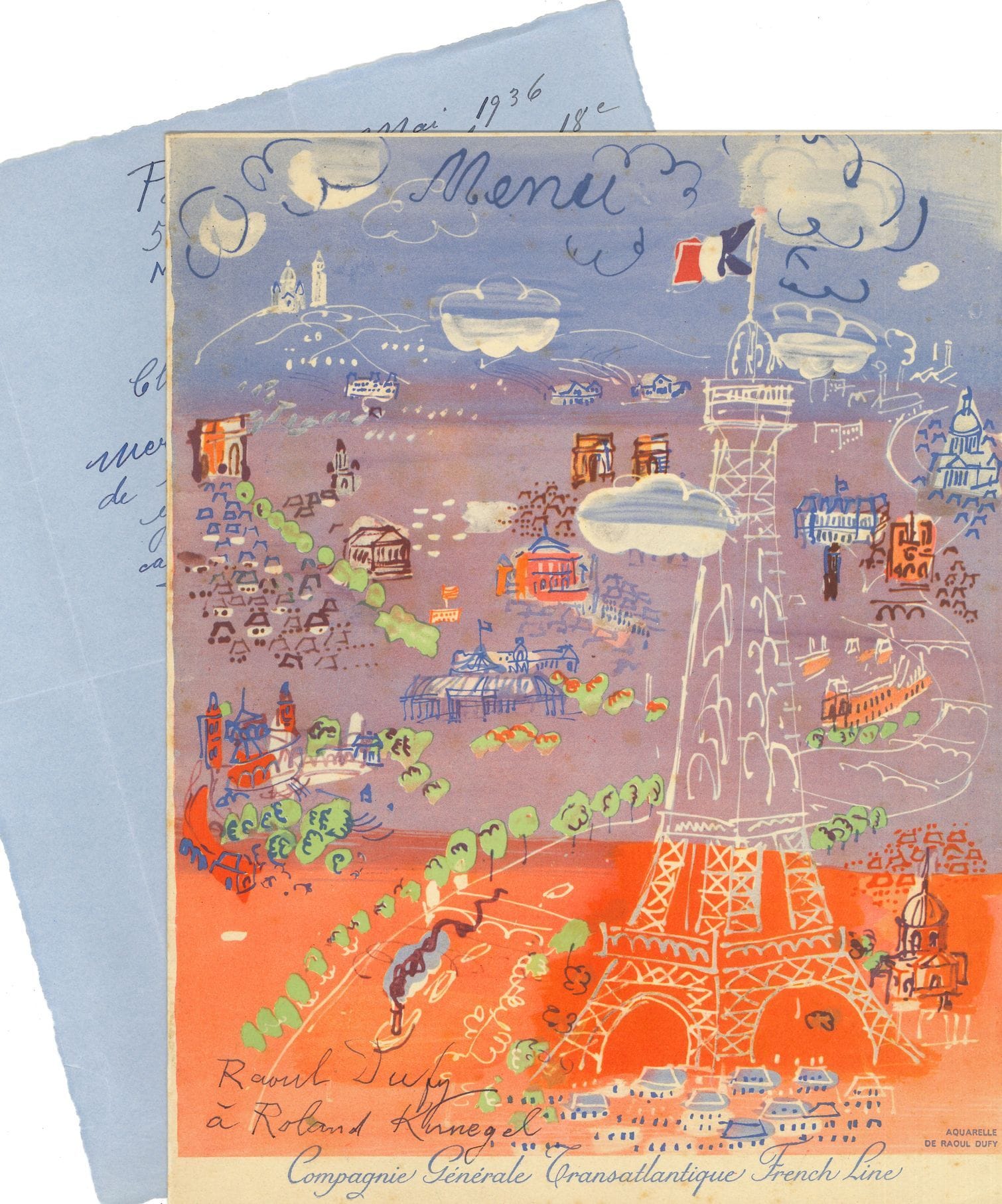 Raoul DUFY (1877-1953). L.A.S., Paris 24 May 1936, to Roland Kunegel: 1 page in-4.
He thanks him for his recipe against rheumatism and hopes to have him "a copy of My Dr. Wine"...
A paperback copy of Mon Docteur le Vin (Draeger, 1936) with a dedication a.s. from Dufy to Roland Kunegel (with a letter of dispatch from the bookstore of the Plume d'or); and a menu of August 20, 1937 of the liner Normandie illustrated in colors by Dufy with dedication a.s. to Roland Kunegel. Also enclosed is the catalog of the 1st sale of the Gustave Cahen Collection (1929), and 2 shares of The Cambrian Copper Mining Company.