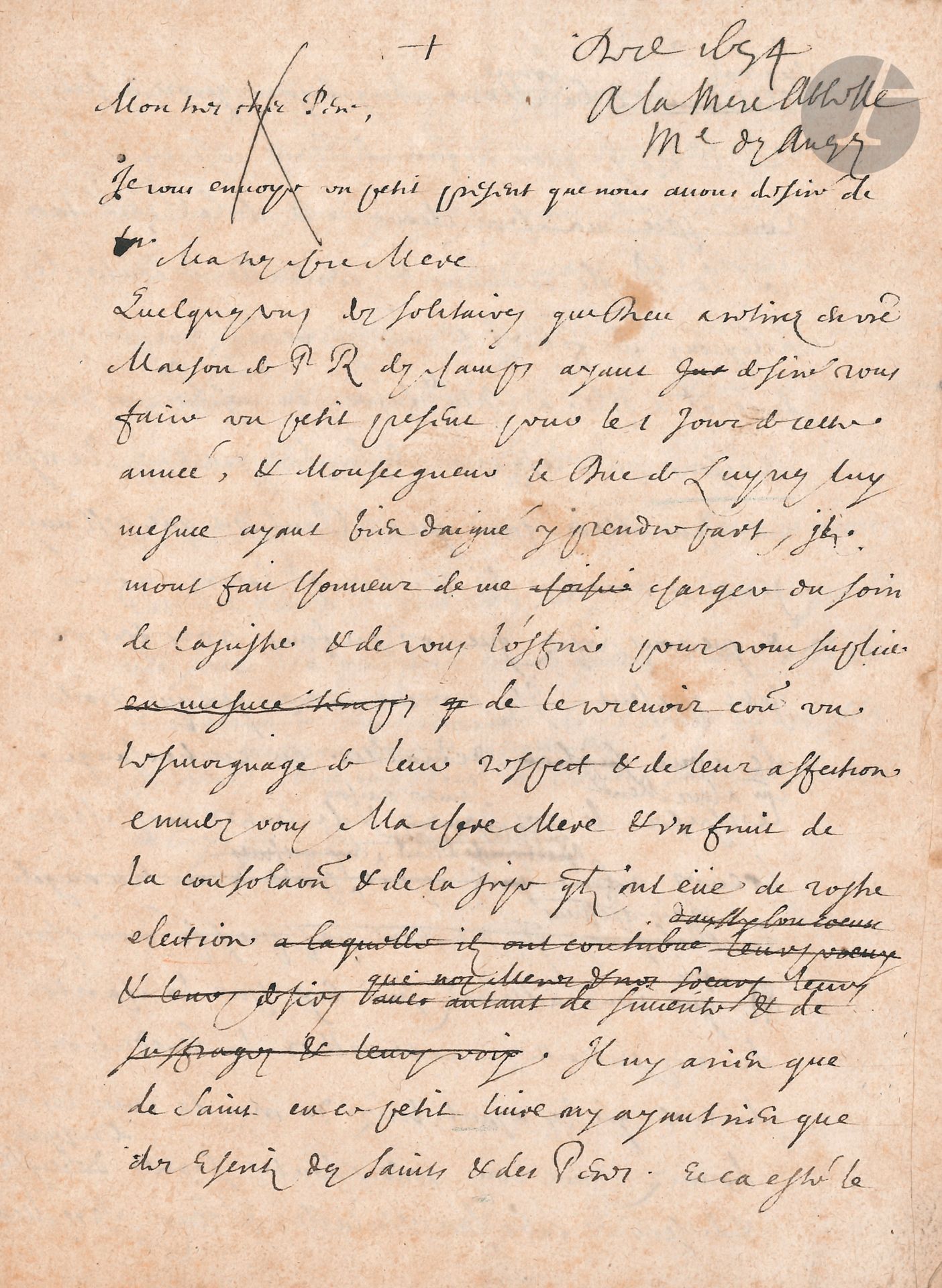 Antoine LE MAISTRE (1608-1658) avocat et écrivain janséniste, il se retira à Port-Royal où il fut le professeur de Racine. L.A. (minute), [1er janvier 1654 ], à Mère Marie Angélique des Anges, Abbesse de Port-Royal ; 3 pages petit in-4 avec quelques ratures et corrections.
Belle lettre du Solitaire de Port-Royal, offrant à sa tante un recueil de textes religieux. 
Quelques Solitaires de sa Maison de Port Royal l’ont désigné pour lui offrir « un petit présent pour le 1 jour de cette année », auquel Monseigneur le duc de Luynes lui-même a souhaité prendre part, en témoignage de leur respect, de leur affection, et de « la joye quils ont eüe de vostre election. […] Il n’y a rien que de Saint en ce petit livre », extraits de paroles des Saints et des Pères : « vous y verrez une image de ce qu’il a pleu à Dieu de faire en vos deux Maisons par l’effusion de Sa Ste grace. Au reste ma chere Mere puisque S. Paul dit que c’est aux gens à amasser des trésors pour leurs enfans et que […] vos enfans vous font un petit présent, ils avoient aussi le droit de vous demander en contrechange comme à leur mère […] vos saintes oraisons […] afin que vous attiriez sur eux par la charité de vos entrailles maternelles la bénédiction du ciel. […] C’est ce qu’ils ont dans le cœur, et pour moi qui ai l’honneur de vous connoistre depuis si longtemps, ce que j’ai gravé dans toutes les parties de mon âme non seulement comme Solitaire de PR mais comme neveu de deux Meres […] qui ont eu tant de joye à vous avoir pour leur Mere »… Etc.