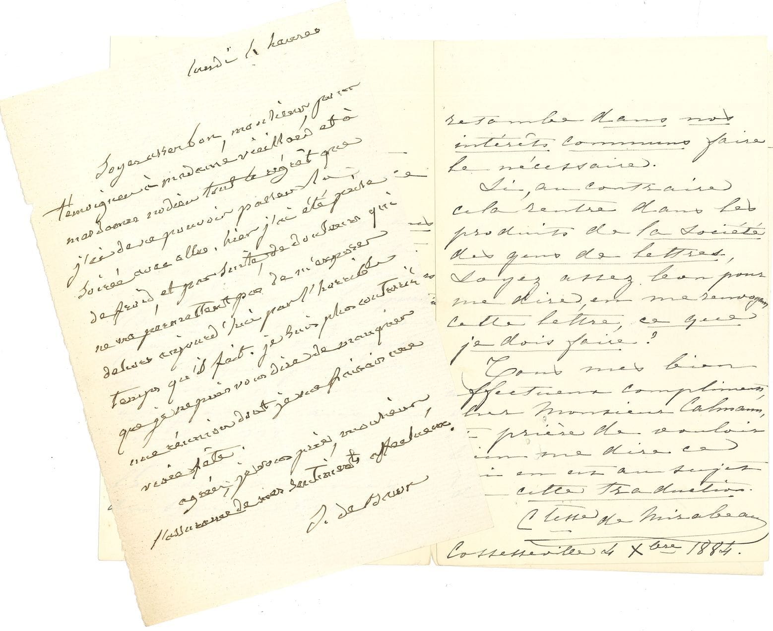 WOMEN OF LETTERS. Approximately 50 letters or pieces, mostly L.A.S.
Sophie de Bawr (2), Malvina Blanchecotte, Marie comtesse de Mirabeau (15 to Calmann-Lévy including contracts, plus annexed docs), Anaïs Ségalas (2), Marie de Solms (26), Amable Tastu (2), Mélanie Waldor (3).