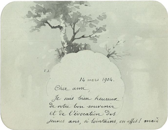 Firmin JAVEL (1842-1921). L.A.S. avec dessin au lavis, 14 mars 1904, à un ami ; 2 pages in-12 (carte grise, 9 x 11,5 cm).
Carte ornée d’un lavis d’arbustes. « Merci de votre extrême indulgence pour mes essais (d’aquarelliste). Je m’amuse beaucoup à peinturlurer à l’aquarelle et au pastel depuis que la rosserie des rédacteurs en chef m’a fait des loisirs »…
