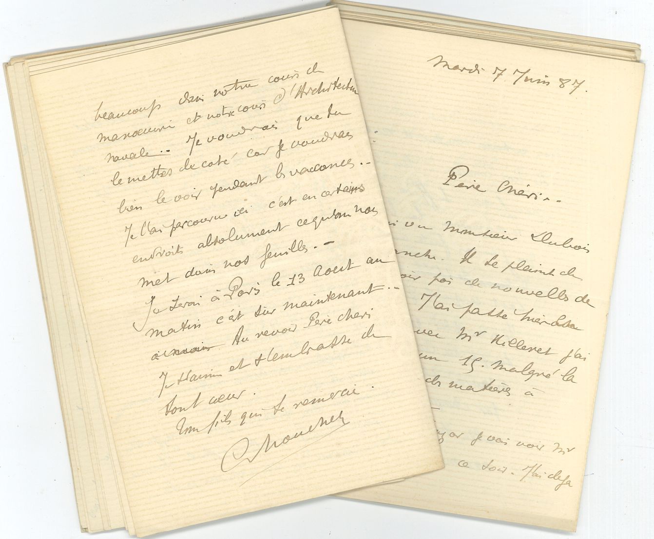 Charles MOUCHEZ (1867-1911) officier de marine, fils de l’amiral. 48 L.A.S., 1886-1887 et 1890, à sa famille ; environ 225 pages in-8.
Intéressante correspondance à ses parents lors de ses navigations.
Charles Mouchez entra dans la Marine en 1885. La première série de lettres, qui s’étend du 6 janvier 1886 au 23 juillet 1887, comprend 16 lettres à son père, 12 lettres à sa mère et une lettre à sa sœur Marie. Elle se rapporte à sa scolarité à l’École navale, installée à l’époque sur le Borda en rade de Brest. Il raconte la vie à bord du navire-école : cours, professeurs, examens, notes obtenues, inspections, exercices pratiques (manœuvres, tir au canon ou au fusil) ; mais aussi l’arrivée de navires dans la rade de Brest, les relations familiales, les visites à terre, etc. Mouchez évoque aussi les difficultés qu’il rencontra lors de sa scolarité. Citons cette lettre : « Je reviens de corvette assez fatigué. J’étais gabier de combat de grand perroquet. C’est-à-dire que toute la journée je suis resté en haut dans la mâture à souquer. Nous n’avions avec nous aucun gabier matelot. De telle sorte qu’il a fallu se débrouiller tout seul. J’y suis arrivé assez bien mais ça a été au détriment de la peau de mes mains et de ma tête. Il y avait une jolie brise de NE qui vous coupait la figure et les mains. Ça n’a pas été drôle toute la journée. Enfin j’ai appris quelque chose... » (17 mars 1887, à sa mère).
L’autre série de lettres est écrite du 31 octobre au 23 décembre 1890, de Malte, Alger, Toulon, Salins d’Hyères, lors de croisières en Méditerranée sur le Redoutable, l’Amiral Baudin et la Dague. Elle comprend 10 lettres adressées à son père Ernest Mouchez, et 9 à sa mère. À Malte, il se rend à des réceptions, effectue la visite de la ville et donne une description du port. Le 2 novembre, l’Amiral Baudin appareille pour Alger. Mouchez travaille alors sur le rôle du bord, la répartition de l’équipage aux différents postes (combat, incendie, voie d’eau, inspection, couchage). Il profite de ce séjour (3 -13 novembre), pour rendre visite à son oncle à Chabet El Ameur, en Kabylie. De retour à Toulon, Mouchez s’embarque sur la Dague, un aviso-torpilleur commandé par le capitaine Baudry. Le 10 décembre, le bâtiment quitte Toulon pour effectuer des exercices de lancement de torpilles et revient le soir même. Le lendemain, il appareille avec l’escadre pour effectuer des manœuvres dans la rade des Salins d’Hyères. La nuit tombée, ils font des exercices de tir sur des cibles éclairées par des projecteurs, en utilisant des canons revolver à tir rapide ; ils effectuent aussi des exercices de signaux… Etc.