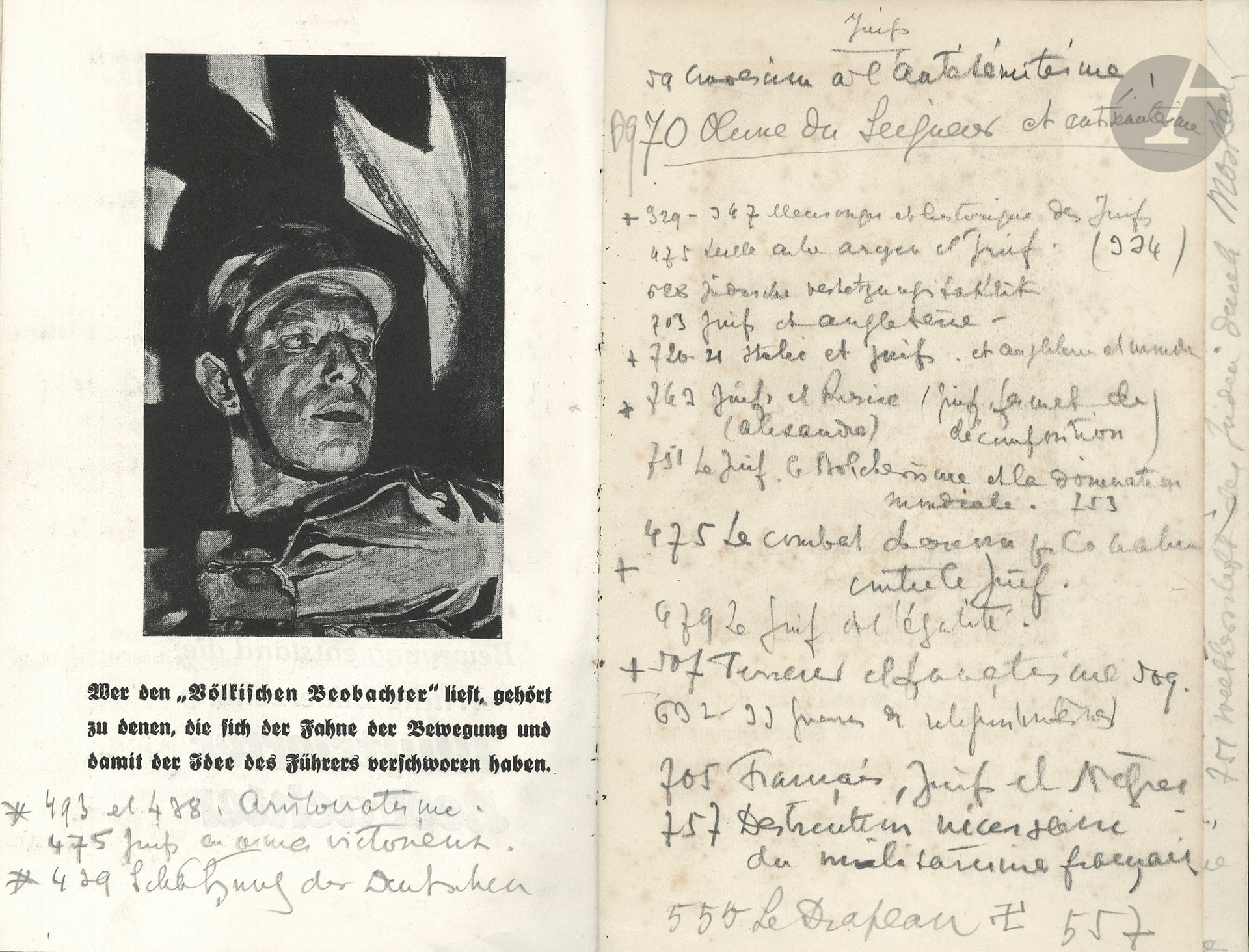 Marie BONAPARTE (1882-1962) descendante de Lucien Bonaparte ; princesse de Grèce, traductrice de Freud et introductrice de la psychanalyse en France. Notes autographes dans Adolf Hitler, Mein Kampf (176-177e édition, München 1936) ; in-8, cartonnage d’éditeur (mouill. aux 1ers ff.)
Une note en tête indique que Marie Bonaparte a acheté ce livre lorsqu’elle alla chercher Freud à Vienne en 1938. Elle a porté de nombreuses notes au crayon dans les marges, probablement plus tardivement (« France 1940 », p. 328) ; principalement concernant l’antisémitisme. Nous en citerons quelques-unes : « Aryen ; sens social + grand », « Sacrifice du travail, du bonheur, de la vie » ; « Connaître est aussi un idéal en soi » ; « Mysticisme de l’organisation. L’Aryen est un idéaliste né. Le Juif – il lui manque l’Idéalisme de l’Aryen » ; « Et le Temple de Jérusalem ? Et Rachel ? Et Sarah ? » ; « Le travail manuel estimé par l’Allemand Hans Sachs etc. » ; « Ce n’est pas le même juif qui est banquier ou marxiste ! […] haine hitlérienne du marxisme ! » ; « idée de la germanisation des Polonais “inférieurs” » ; « L’égoïsme sacré d’un peuple appelé race, voilà le dogme fondamental du N.S. »… Sur les trois pages de gardes de la fin, elle a dressé une table des passages qui l’ont frappée, avec la page et un bref résumé thématique, particulièrement concernant les Juifs.