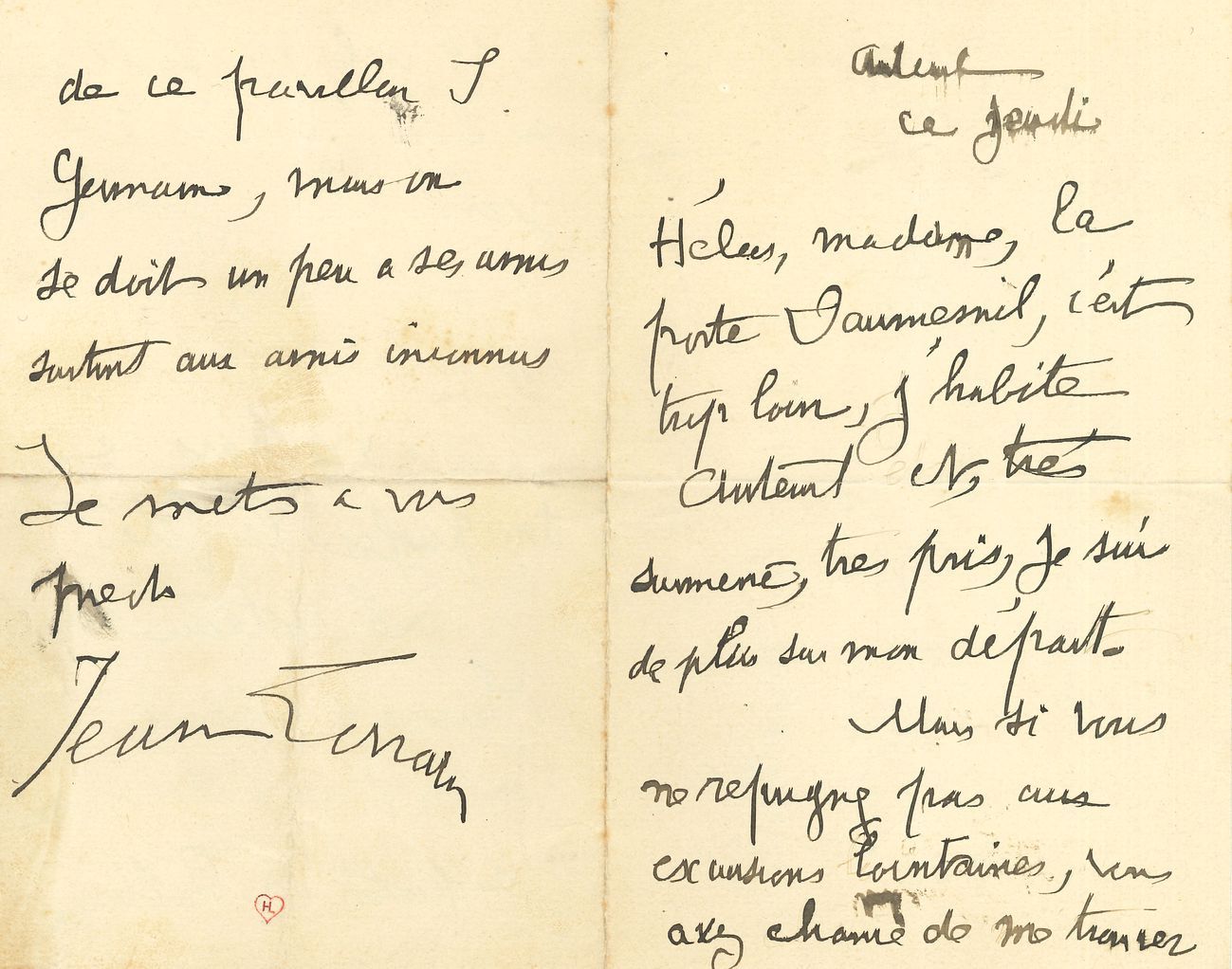 Jean LORRAIN. 2 L.A.S., Auteuil, à une dame ; 6 pages in-8.
Auteuil jeudi. « Hélas, Madame, la porte Daumesnil c’est trop loin, j’habite Auteuil et, très surmené, très pris, je suis de plus sur mon départ »… Il lui propose de venir le rejoindre le 14 ou le 15 juillet sur l’île St Germain à Billancourt, au bord de la Seine, où il passera les fêtes : « C’est une île mystérieuse, très close, joyeuse ou triste selon l’heure et les visiteurs. Je n’ai pas à vous refuser la désillusion qui sûrement vous attend au seuil de ce pavillon St Germain, mais on se doit un peu à ses amis, surtout aux amis inconnus »… Jeudi. « Oui je pars, mes minutes sont comptées. Je vous ai attendue samedi et dimanche dans un cadre délicieux de verdures, d’eau et de maison ancienne du siècle dernier, l’ancienne folie du Comte St Germain, le fameux Cagliostro. À mon retour, si votre fantaisie tient encore… car avec les femmes !! »… Il part pour deux longs mois qui passeront vite « car j’ai l’horreur et la lassitude des élégances parisiennes »…