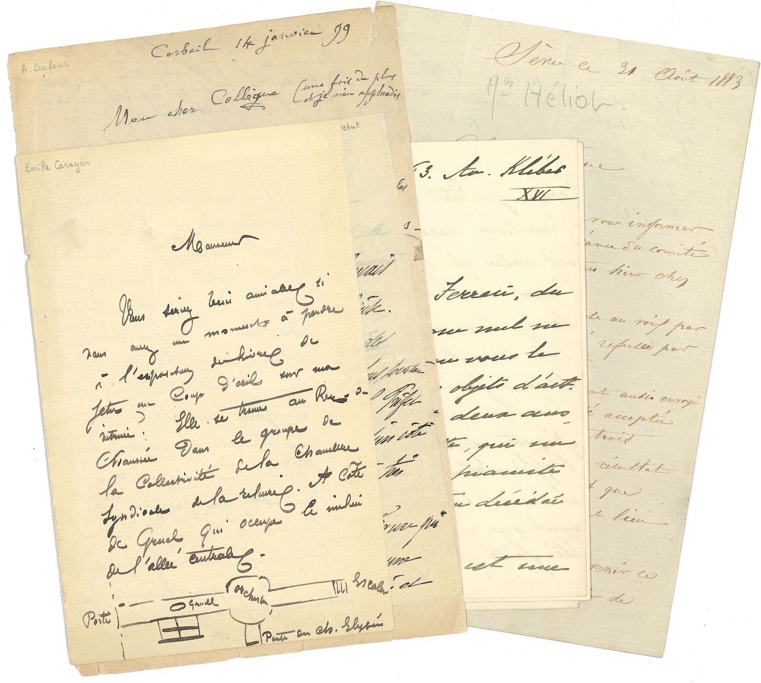 [Maurice TOURNEUX (1849-1917)]. 54 L.A.S. à lui adressées, 1883-1912.
Importante correspondance reçue par le célèbre archiviste, historien et bibliographe.
Elle aborde différents sujets d’ordre artistique, littéraire ou bibliophilique : envoi de catalogues d’autographes consacrés à Buffon, Rousseau et Voltaire ; découverte aux Archives nationales d’une correspondance de Boisgelin avec la comtesse de Gramont ; exposition de reliures de Carayon au Palais de l’Industrie en 1894 ; demande d’appui d’un sculpteur pour faire acheter l’une de ses œuvres par 1’État ; demande de renseignements sur une épinette du XVIIIe siècle ; annonce d’une vente de livres, gravures et autographes à Bar-le-Duc, avec demande d’avis de M. Charavay ; demande de renseignements sur un conventionnel ; préparation de la table des Archives de l’art français ; thèses sur Charles Duclos et Marmontel ; recherches sur Buffon; conférences à Oxford ; projet de création de la Société des Amis de la Bibliothèque nationale (1905) ; etc.
Les lettres ont été écrites par des bibliothécaires, historiens, archivistes, enseignants, artistes, hommes politiques : Pierre Bertrand, de la Revue historique ; Albert Cans, professeur au lycée Hoche à Versailles ; Émile Carayon, peintre et relieur ; Marcel Debut, sculpteur ; A. Dufour, bibliothécaire à Corbeil ; Henri de l’Isle, ancien capitaine et collectionneur ; Raymond Koechlin, secrétaire général de la Société des amis du Louvre ; Auguste Kuscinski, auteur du Dictionnaire des conventionnels ; Jean Laran, historien de l’art, conservateur du Cabinet des estampes ; Léopold Le Bourgo, bibliothécaire-archiviste de la ville de Lorient ; Scipion Lenel, professeur au lycée d’Amiens ; Jules Maciet, vice-président de l’Union centrale des Arts décoratifs ; Eugène Manuel, poète ; Matry, bibliothécaire à Semur ; Charles Maunoir, géographe ; Jacques de Nouvion, journaliste ; René Paquet d’Hauteroche, historien et ornithologue ; Victor Perrot, de la Commission du Vieux Paris ; Ernest Prarond, latiniste et historien ; Bernard Prost, inspecteur général des bibliothèques ; Lucien Raulet, de la Société de l’histoire de Paris ; Mario Roustan, homme de lettres ; Adrien Sée, magistrat et historien ; Philippe Tamizey de Larroque, historien ; Ambroise Tardieu, archéologue ; Charles Tranchant, archiviste ; Gabriel Trarieux, poète et romancier ; etc.