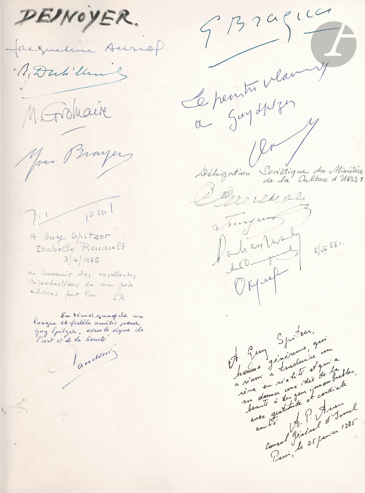 GOLDEN BOOK. Guestbook of the Guy Spitzer Gallery; 16-page folio of Ingres d'Arches paper.
The pages are covered with many signatures: G. Braque, J. Busse, E. Campagnola, L. Carré, P. Charlot, J. Crotti, M. Cuttoli, P. Descargues, F. Desnoyer, G. Duthuit, A. de Fouquières, A. Frédérique, M. Gromaire, G. Isnard, J. Kessel, F. Léger, J. Sabartès, B. Villaret, J. Villon, Vlaminck, Zao Wou-Ki, etc.