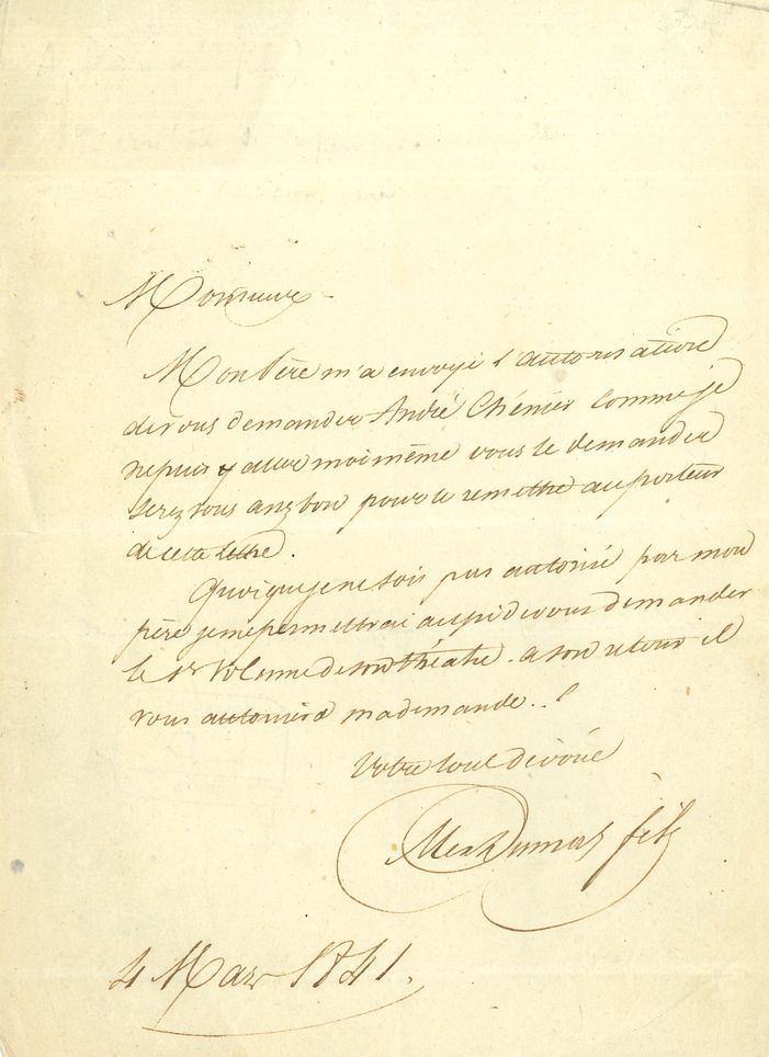 Alexandre DUMAS fils (1824-1895). 40. L.A.S., 1841-1894, à des amis, confrères et journalistes ; 60 pages in-8 ou in-12.
Rendez-vous, déjeuners et dîners, répétitions, recommandations, places de théâtre, etc.
4 mai 1841 à un libraire, lui demandant, avec l’autorisation de son père André Chénier… et sans sa permission « le 1er volume de son théâtre ».
[1859]. Il a demandé à Michel Lévy « le droit de reproduction de La Dame aux Perles – Diane de Lys – Grangette – Un cas de rupture – le roman d’une femme – Tristan le roux – Trois hommes forts. J’ai tenu dans mon nouveau traité à réserver ce droit à la Société des Gens de lettres ».
Il écrit à un ami qui part en Italie : « buvez à ma santé un verre de vin d’Asti – deux même s’il fait chaud ».
On trouve également 9 lettres à Emmanuel Gonzalès, au sujet de la Société des Gens de Lettres, 2 à Adrien Marx, une à Gaston Calmette (10 décembre1894) où il ne se sent ni la force ni les compétences pour écrire un article sur Pasteur, 3 au peintre Alexis Vollon (1881-1887) dont il achète les tableaux, 2 lettres à sa fille Janine, etc.