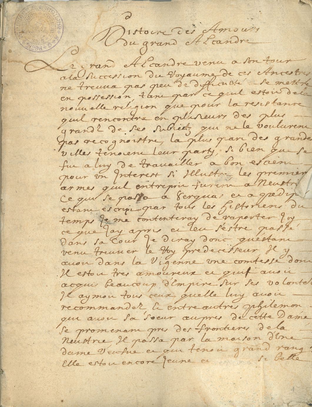 [HENRI IV]. Manuscript, Histoire des Amours du grand Alcandre, 17th century; 72 pages in-4, antique vellum replacement boards (the slightly larger leaves have been folded at the edges).
Histoire des aventures amoureuses du Vert Galant, variously attributed to Louise-Marguerite de Lorraine, princesse de Conti, and to Roger II de Saint-Lary, duc de Bellegarde (the edition indicates by M.L.P.D.C.). The first edition would have appeared in Paris in 1651 at the widow of Jean Guillemot; the text is taken again in a Collection of various parts, useful to the history of Henry III, King of France and Poland (Cologne, Pierre du Marteau, 1660; see L. Janmart de Brouillant, Histoire de Pierre du Marteau, Paris, 1888). This manuscript, like the book, gives at the end of the account a "Clef ou explication des noms propres desguisez dans l'Histoire des Amours d'Alcandre" (Key or explanation of proper names used in the History of the Loves of Alcandre), which opens with the name of the protagonist: "Alcandre. Henry de Bourbon roy of France fourth of the name, and of Navarre"... "Olimpe" is Marie de Médicaine, the king of France. Olimpe" is Marie de Medici, "Melisse" Marguerite de France, "Filisel" the Duke of Chevreuse, etc. The places are similarly given under pseudonym: "Vigenne" for Guyenne, the "Mont de Mars" for Montmartre, "Carnutes" for Chartres, etc.
