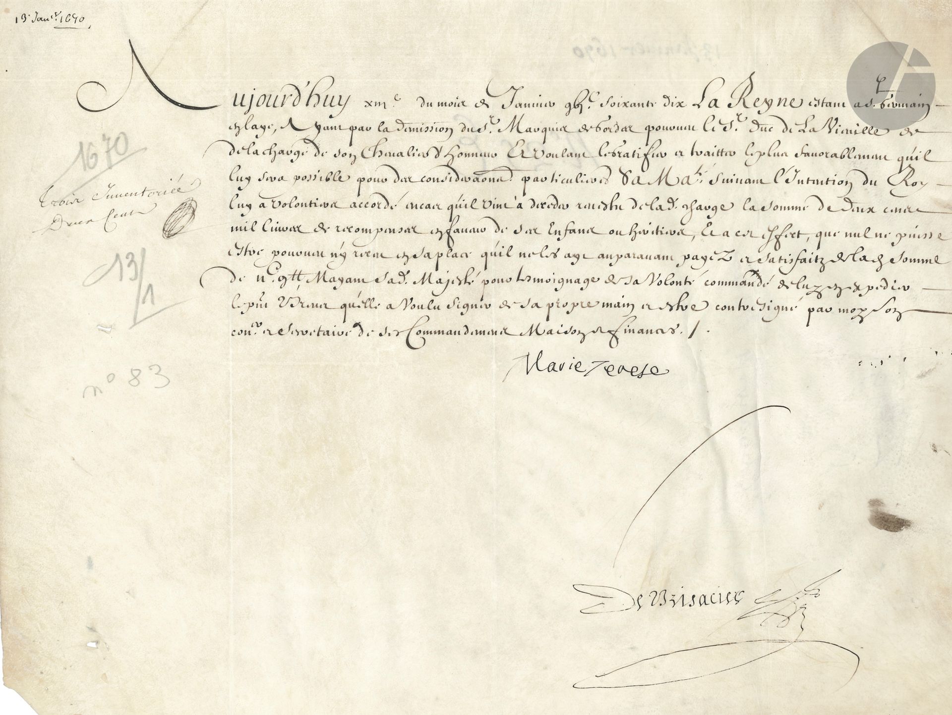MARIE-THÉRÈSE D’AUTRICHE (1638-1685) Reine de France, épouse de Louis XIV. P.S., Saint-Germain en Laye 13 janvier 1670 ; contresignée par De Brisacier ; vélin oblong in‑fol.
Nomination du duc de La Vieuville à la charge de chevalier d’honneur, suite à la démission du marquis de Bordas. En cas de décès, une somme de 200 000 livres de récompense lui est accordée en faveur de ses enfants ou héritiers.