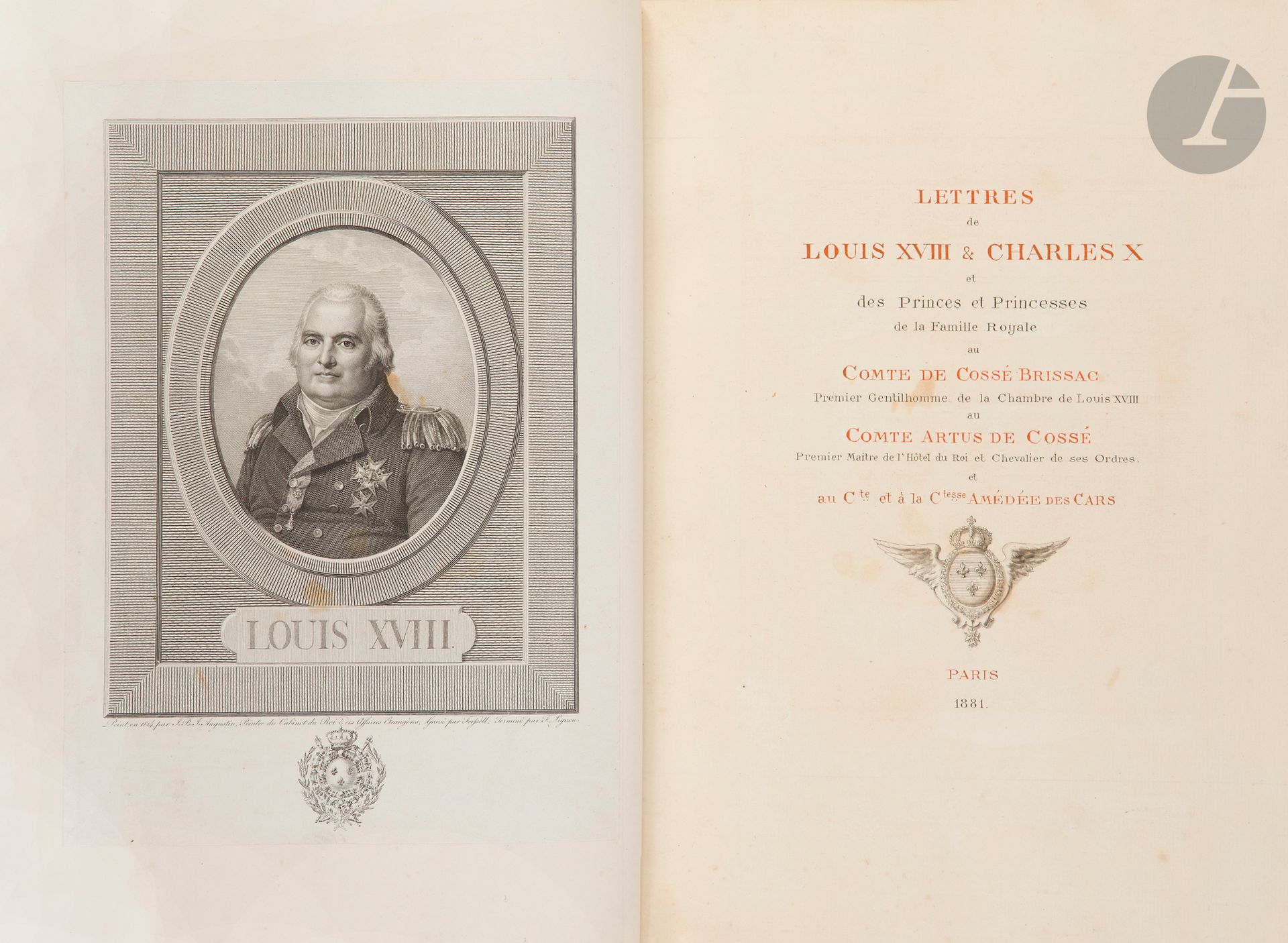 BOURBONS. Recueil de 33 L.A.S. ou L.A., 1793-1874, à la famille de Cossé-Brissac¸ avec commentaire manuscrit ; lettres montées sur onglets en un volume in-fol. de 241 pages, manuscrit réglé, reliure veau glacé fauve avec cadre de filets dorés et armes royales sur les plats, dos à nerfs avec fleurons, tranches dorées, étui (Gayler-Hirou ; 1er plat détaché, un coin abîmé).
Important recueil de lettres de Louis XVIII et de sa famille.
Le volume a été constitué en 1881 ; la page de titre est ainsi rédigée : Lettres de Louis XVIII & Charles x et des Princes et Princesses de la Famille Royale au Comte de Cossé Brissac, Premier Gentilhomme de la Chambre de Louis XVIII, au Comte Artus de Cossé, Premier Maître de l’Hôtel du Roi et Chevalier de ses Ordres, et au Cte et à la Ctesse Amédée des Cars. Le volume est réglé en rouge. Le commentaire manuscrit est superbement calligraphié aux encres noire et rouge sur des feuillets de papier vergé : il comprend un Avertissement signé du baron de Longuerue (p. 1-3), des Notices sur le comte François de Cossé Brissac (p. 7-29) et sur le comte Artus de Cossé (p. 135-154) précédées de leurs armes dans un cartouche au lavis, de longs commentaires précédant chaque lettre, et une table des matières. 4 portraits gravés illustrent le recueil (Louis XVIII, Charles X, le duc et la duchesse de Berry et le prince de Condé). Outre les 33 lettres originales, on a également recueilli 6 lettres en copie (le document n° 1 manque). Nous indiquons entre crochets la page où est montée la lettre ; nous ne signalons le format que quand il n’est pas in-8.
Louis XVIII. 5 L.A.S. au comte de Cossé. – Leipzig 16 février 1798 ([89] 1 p. et demie in-4), sur sa route difficile dans la neige lors de son voyage de Blankenburg à Mittau. – Mittau 11 décembre 1799 ([95] demi-p. in-4), avant le départ du comte pour Petersbourg. – Mittau 3/19 janvier 1800 ([101] 1 p. in-4), sur la mission du comte auprès du « généreux Paul Ier », « le seul Souverain qui réunisse le vouloir au pouvoir »… – Mittau 17/28 janvier 1800 ([105], demi-p. in-4, adresse avec cachet de cire rouge), chargeant le « cher Graff » de dire au comte Rostopchin « que les moindres désirs de S.M.I. sont des loix pour moi »… – Varsovie 27 mai 1802 ([123] demi-p. in-4) : « j’approuve tout ce que Mde de Cossé croira devoir faire pour sauver le bien de vos enfans »…
Louis-Antoine, duc d’Angoulême. 2 L.A.S. au comte de Cossé. – Hamm 3 [septembre 1793] ([39] 1 p., adr.), pour une partie de chasse. – Mittau 14 février 1800 ([111] 1p. in-4, adr. avec cachet de cire rouge aux armes) : « J’ai été extrêmement sensible aux expressions flatteuses et pleines de bonté pour moi de Sa Majesté Impériale » ; il évoque le « digne et respectable abbé Edgeworth ».
Charles-Ferdinand, duc de Berry. 3 L.A.S. au comte de Cossé. – Hamm 1er juillet 1794 ([51] 3 p.). Il annonce son départ pour l’armée de Condé : « puissions nous faire une campagne plus heureuse que celle de l’année dernière, du côté du Brabant cela va mal ; les patriotes sont à Bruges, le départ de l’Empereur a fait bien du mal de ce côté-là »… ; suivent quelques lignes de son gouverneur. – Rotembourg 14 février 1795 ([55] 1 p.). Ils sont arrivés « après cinq jours de marche, tems de champagne ; mais j’ai tout lieu de croire que nous ne resterons ici que le tems de laisse reposer l’armée et que nous entrerons de bonne heure en campagne »… – Q.G. de Mülheim 6 octobre 1795 ([73] 1 p. ½ in-4). Propos du prince de Condé. Nouvelles : « mon père après avoir eu une tempête horrible a abordé à l’isle de Wath [Houat] où étoeint les restes de Quiberon ; la Vendée a touojours des succès et l’attendoit à bras ouverts »…
Louis-Joseph de Bourbon, prince de Condé. L.A.S., St Gilgen 11 juin 1800 ([117] 1 p. in-4) : « j’avois continuellement à garantir les troupes de l’esprit jacobin, posté au plus haut point en Corinthie » ; éloge du duc d’Angoulême et des « formes douces et honnêtes de ce jeune Prince » ; « la position des armées, partout, est si extraordinaire, et si embrouillée »…
Marie-Thérèse de France, duchesse d’Angoulême, « Madame Royale ». 3 L.A.S. « M.T. » et une L.A. à la comtesse de Cossé, lettres amicales à sa « chère Tony ». – Prague 19 novembre 1832 ([163] 2 p., adr.). – G[orizia] 26 février 1843 ([177] 1 p. ¼ in-12), sur le mariage de Mathilde de Cossé et Amédée des Cars. – F[rohsdorf] 27 novembre 1849 ([185] 2 p.), sur la grossesse des filles de Tony ; elle fait « des vœux pour mon cher pays ». – Venise 15 janvier 1851 ([189] 1 p.).
Louise d’Artois, « Mademoiselle », duchesse de Parme. 2 L.A.S. à la comtesse de Cossé. – Prague 15 février 1833 ([169] 4 p.), sur la mort de la princesse de Ligne, et nouvelles familiales. – Kirchberg 2 septembre 1842 ([171] 1 p., adr.), félicitations pour la naissance de Délie de Rivière.
Marie-Caroline, duchesse de Berry. 6 L.A.S. amicales à la comtesse de Cossé, sa « chère Toni ». – Brunnsée 24 mai 1862 ([197] 2 p.). – Brunnsee 18 septembre 1863 ([205] 1 p. ½), dénonçant « l’infa