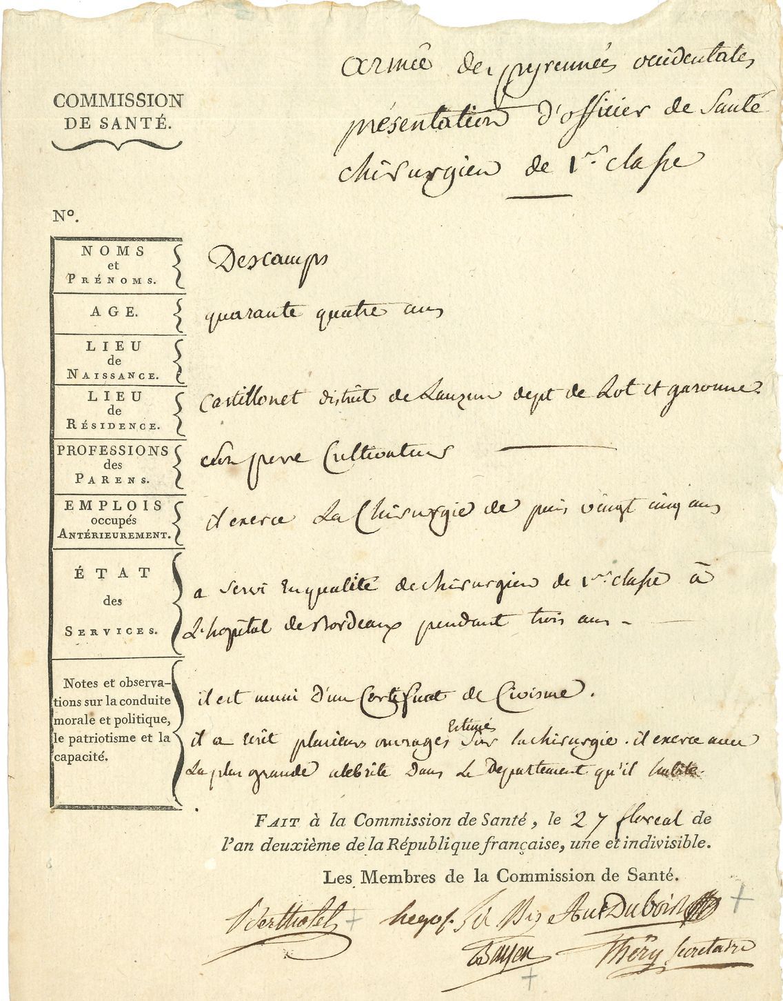 MILITARIA. 24 L.A.S., L.S. ou P.S., XVIIe-XIXe siècle.
Charles-Louis Fouquet maréchal de Belle-Isle. Louis-Joseph de Bourbon prince de Condé (certificat, Feistritz 1801). Eugène Daumas (1853). Philippe de La Béraudière (Bouillé an IV). Nicolas Maison (2, 1833). Marc-René de Montalembert (an VII). Nicolas-Victor du Muy (1772). François de Rohan prince de Soubise (7, 1693-1699). Armand de Saint-Arnaud (3, 1844-1857). Antoine-Joseph Santerre (laissez-passer, cosigné par Clavière et Servan, 1792). Philippe maréchal de Ségur (1782). Justin Soleille (La Rochelle 1832). Jean-Joseph Tarayre (1831).
P.S. par 6 membres de la Commission de Santé : Bayen, Berthollet, Dubois… (1794). Plus une L.S. par les administrateurs du Puy-de-Dôme (1797).
