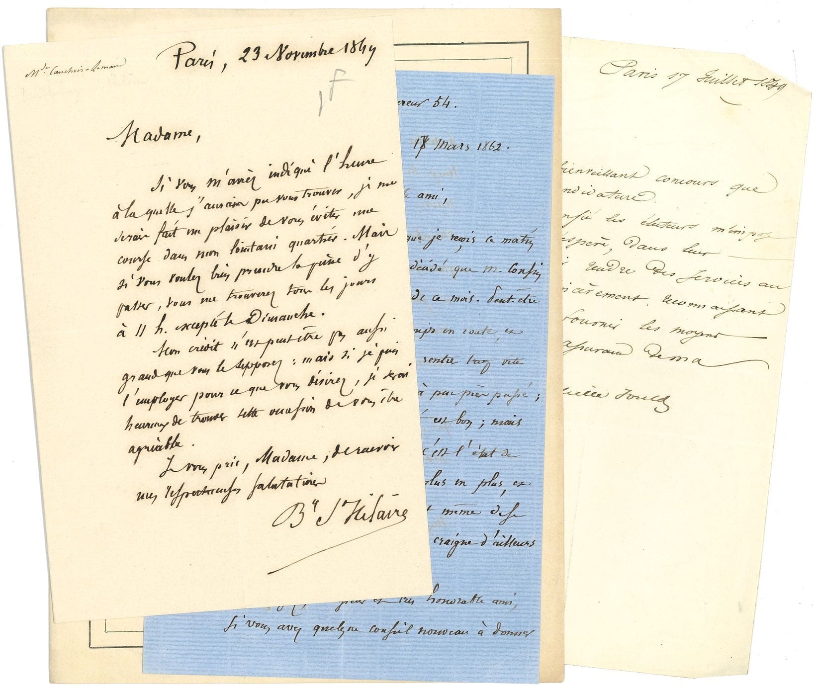 MISCELLANEOUS. 16 letters or pieces, most of them L.A.S.
H. Boulay de la Meurthe (1848), N. Changarnier, mal Clauzel, cardinal Donnet, A. de Laguéronnière, E. de Girardin, Et. Lamy, duchess of La Rochefoucauld, E. Lavisse, G. Lefèvre, card. Mathieu, duc de Plaisance, Salvandy, Eug. Schneider, Viennet, etc.