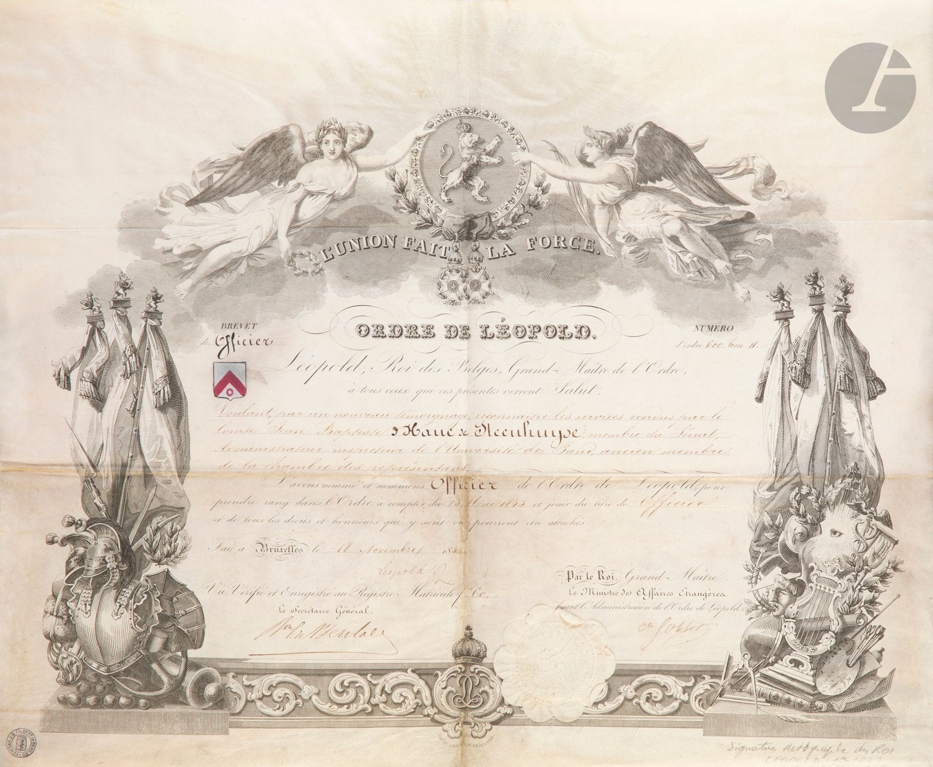 LÉOPOLD Ier (1790-1865) Roi des Belges. P.S., Bruxelles 18 novembre 1844 ; vélin oblong in-fol. en partie impr. avec bordure décorative gravée.
Brevet d’officier de l’Ordre de Léopold pour le comte Jean-Baptiste d’Hane de Steenhuyse, avec ses armes peintes.