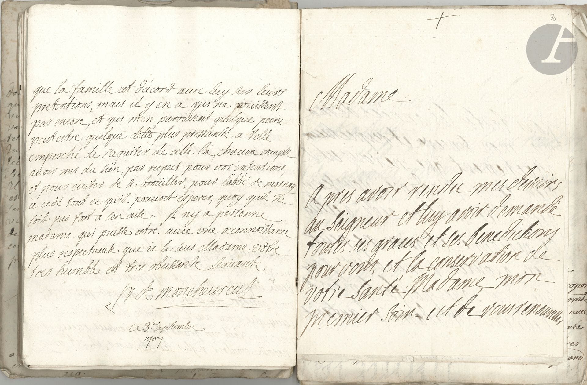 [Françoise d’Aubigné, marquise de MAINTENON]. 52 L.A.S. adressées à Mme de Maintenon, 1710-1714 ; environ 150 pages in-4, rel. cartonnée rouge.
Bel ensemble de lettres de dames, religieuses, supérieures et prieures de couvent, prêtres, concernant le plus souvent des œuvres charitables, des aumônes, des versements contre actions de grâce, etc. On y découvre également des considérations relatives à la duchesse de Bourgogne, aux Noailles, Mme de Caylus et d’autres grands personnages, à la santé du Roi, et quelques allusions politiques ; mais principalement des discussions religieuses. On fait souvent appel à la générosité ou à l’influence de Mme de Maintenon : suppliques, demandes de nominations, choix d’une abbesse, refus de démissions, demandes de fonds, etc., mais aussi félicitations pour une victoire, etc. On relève des lettres de la prieure des Carmélites du Faubourg Saint-Germain, la sœur de La Maisonfort, Élisabeth de Beauvau, l’abbesse de Monchevreul, les religieuses de la Congrégation Notre-Dame de Vézelise, la supérieure des Ursuline d’Évreux, la prieure des Carmélites de Pontoise, Anne-Marie de Rohan abbesse de Jouarre, la sœur de Mailly prieure de Poissy, etc.
Ancienne collection Marcel Plantevignes (vente Versailles, 8 mars 1977, n° 95).