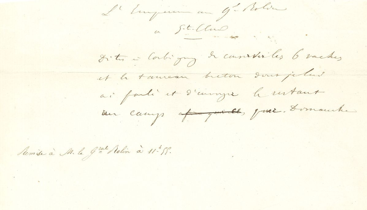 NAPOLÉON III (1808-1873). L.S., Fontainebleau 27 août 1865, à sa nièce Julie Bonaparte ; 1/3 page in-8 au N couronné.
Il la remercie « des vœux que vous formez pour mon bonheur et pour celui de mon fils »…
On joint une dépêche autographe au général Rollin (demi-page oblong in-8) : « Dites à Corbigny de conserver les 6 vaches et le taureau breton dont je lui ai parlé et d’envoyer le reste au camp »…