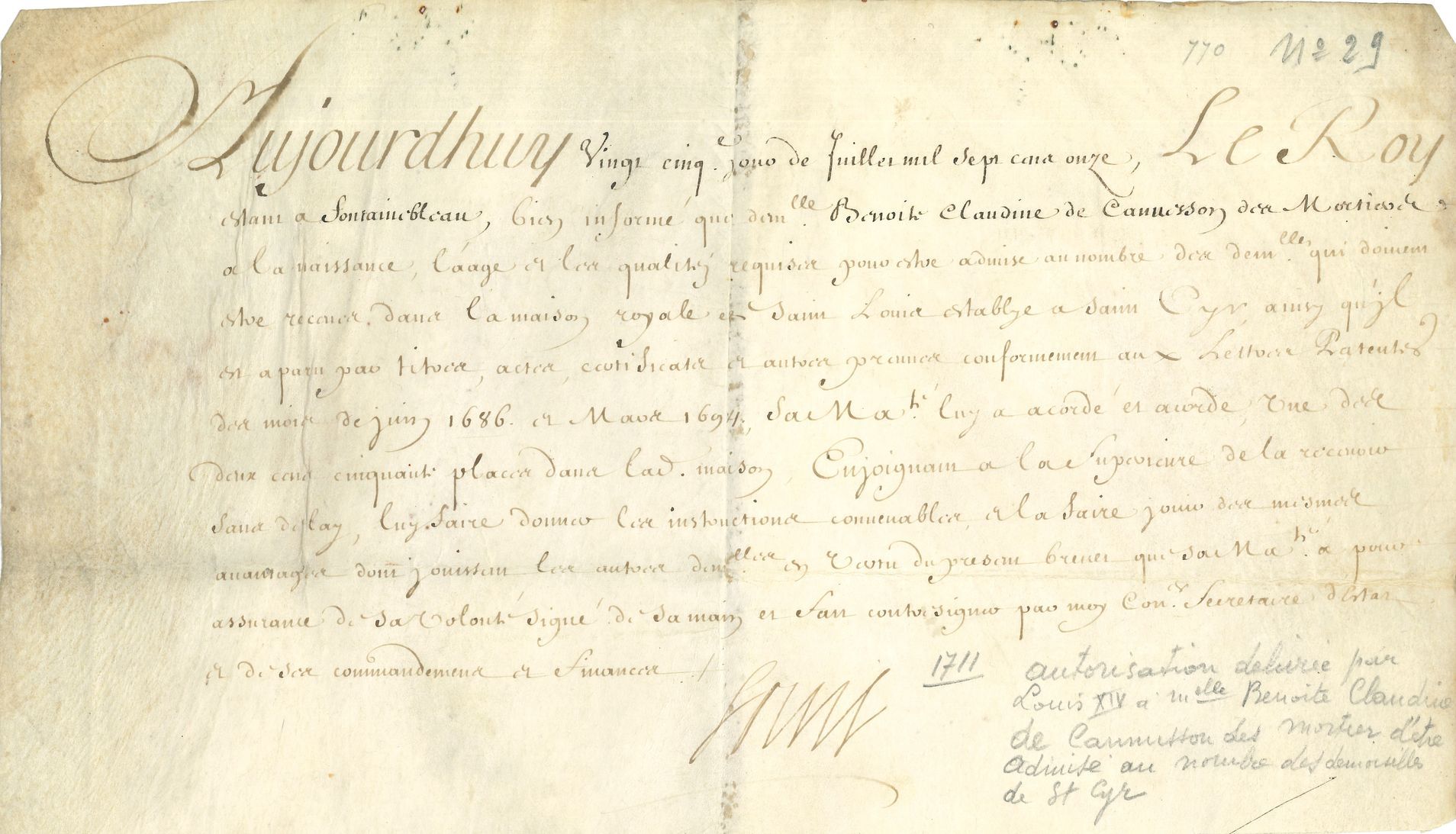 ROIS DE FRANCE. 2 P.S. (secrétaires), 1614-1711 ; 2 vélins oblong in-4.
Louis XIII (12 octobre 1614, au sujet de l’office de gruyer des bois dépendants de l’abbaye de Saint-Denis).
Louis XIV (25 juillet 1711, autorisation à Mme Benoite Claudine de Cannesson des Mortiers d’être reçue parmi les demoiselles de Saint-Cyr), 
On joint une L.A.S. du chancelier d’Aguesseau à l’architecte Beausire au sujet de son terrain.