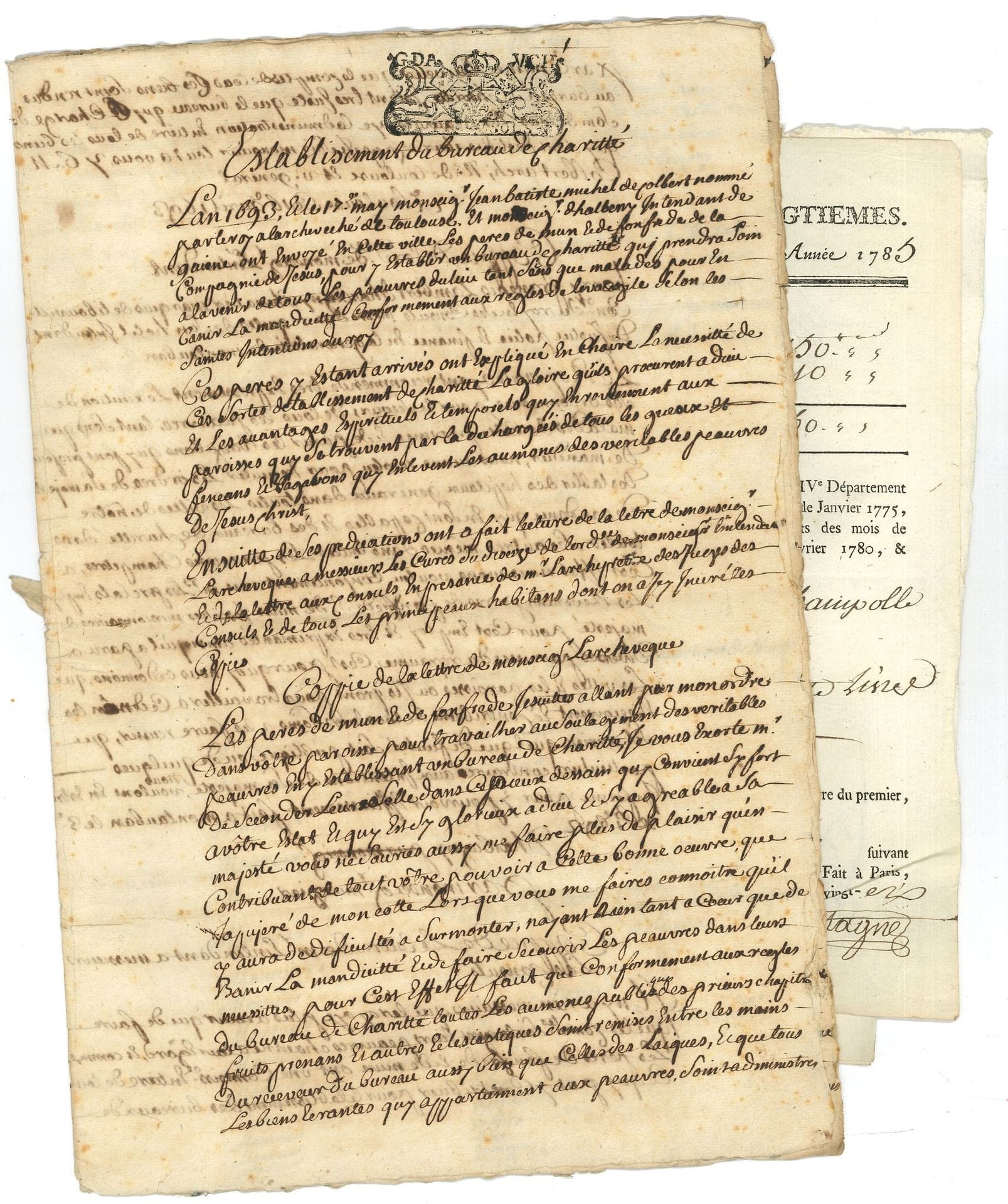 ANCIENT REGIME. About 60 letters or pieces, most of them L.A.S. or P.S., from the XVIIth-XVIIIth centuries.
Letters and pieces by Barjac, duc de Beauvillier, mal de Broglie, Des Entelles, Marguerite d'Orléans, the bishop of Saint-Paul, de Thou, duchess of Ventadour, etc.
Establishment of a charity office in Lignerolles (1720); private or commercial correspondence (several to Poulletier de Périgny); receipts for taxes and impositions; farm accounts; will; charters and deeds on parchment, etc.
A ms notebook of rhetoric by L. Rochefort Américain (Niort, 1790, vellum binding); a file from the d'Hozier cabinet on the d'Allonville family; and 7 printed documents, including 2 leaflets, are attached.