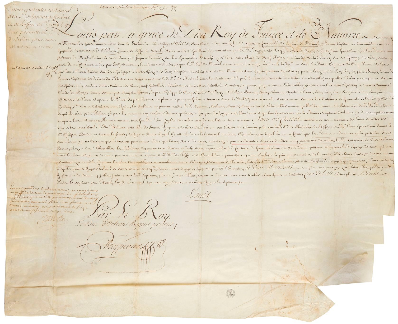 LOUIS XV (1710-1774). 2 P.S. (secrétaire), 1722-1770 ; vélins in-plano.
Paris 7 avril 1722, contresignée par Phélypeaux : lettres patentes en faveur des S. de Landas de Florival pour la vente de maisons et terres à Betrechies et Banay. – Versailles 6 juillet 1770, griffe du duc de Praslin : commission de capitaine d’infanterie dans l’Inde pour le chevalier de La Saussaye.
On joint une nomination non signée de prévôt à Mariembourg (1721, vélin) ; et un passeport (secr.), contresigné par le duc d’Aiguillon (1774, défauts).