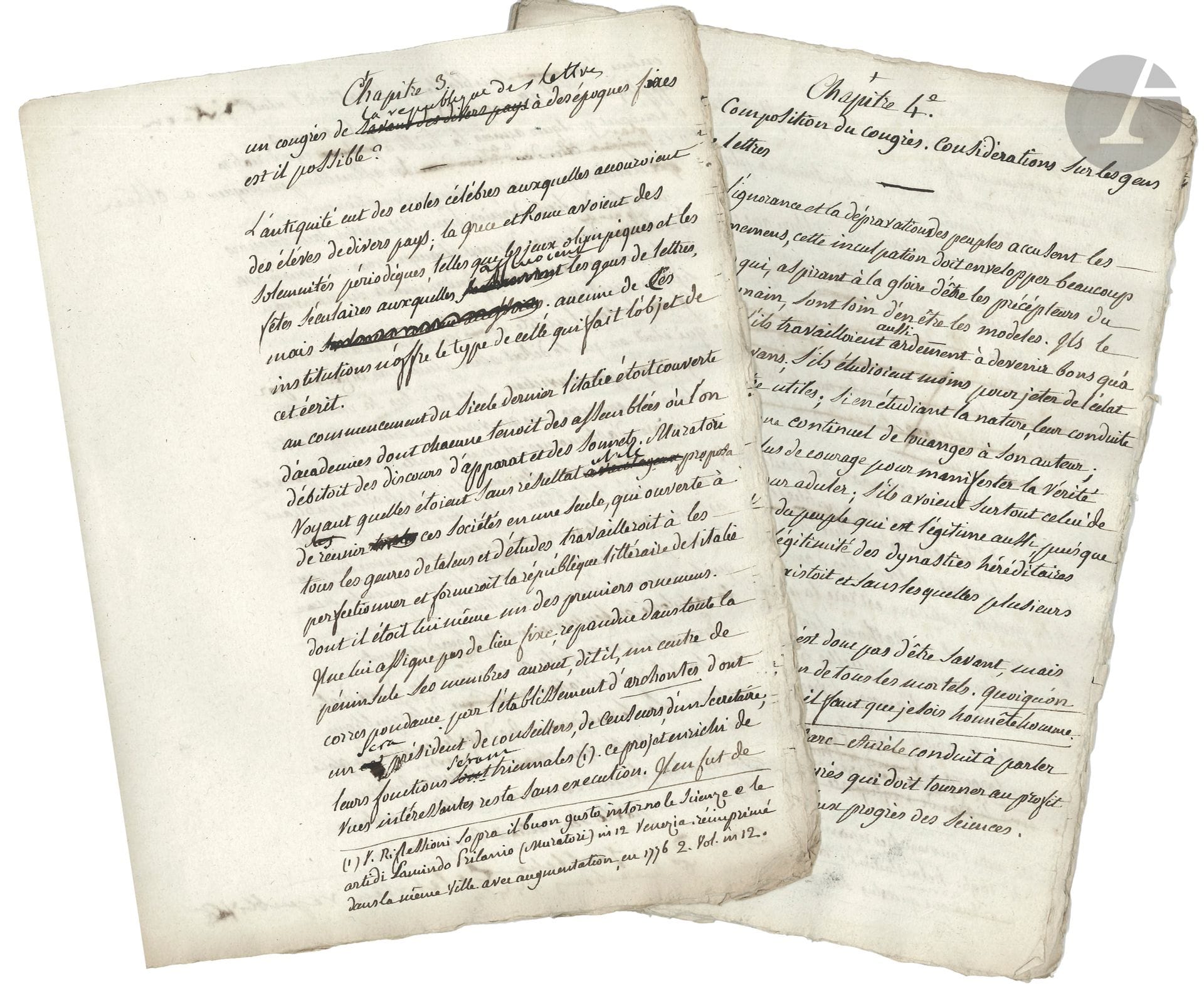 Henri, abbé GRÉGOIRE (1750-1831) prêtre, député du clergé du bailliage de Nancy aux États Généraux, évêque constitutionnel de Blois, député du Loir-et-Cher à la Convention, il lutta pour l’émancipation des Juifs et l’abolition de l’esclavage. Manuscrit en partie autographe d’un ouvrage sur la république des lettres, [vers 1820] ; 50 pages petit in-4.
Manuscrit inédit pour une association entre les membres de la république des lettres.
De la main du secrétaire de Grégoire, ce manuscrit présente de nombreuses additions et corrections autographes.
Grégoire appelle à une « association générale entre les membres de la république des lettres », qui se rassembleraient régulièrement en « congrès littéraires », pour développer l’enseignement et combattre l’ignorance.
Nous avons ici les chapitres 3 : « Un congrès de la republique des lettres à des époques fixes est-il possible ? » ; 4 : « Composition du congrès. Considération sur les gens de lettres » ; 5 : « Dans quel lieu pourroit se tenir le congrès ? à quelle époque, qui le convoqueroit ? » ; 6 : « Travaux du congrès » ; 7 : « Conclusion », qui s’achève sur ces mots : « La vertu et la vérité sont un héritage que nous devons transmettre à la postérité ; car elles sont aussi de la famille ces générations qui sont encore dans le néant et qui ne viendront à l’existence que quand nous dormirons dans le tombeau ».
On joint la minute d’une lettre de Grégoire, Paris 8 octobre 1820, au duc de Richelieu (2 p. in-4 par son secrétaire), protestant contre le libelle de Dubouchage le traitant de régicide, contre la censure qui l’empêche d’y répondre, contre la surveillance de sa correspondance... ; la copie par son secrétaire d’une polémique avec Raoul-Rochette à propos de la canonisation de Charlemagne, 1816 (11 p. in-4) ; et une copie du Memoire sur une ancienne clochette spherique dont un hemisphere est à jour (6 p. in-4, et un f. joint).