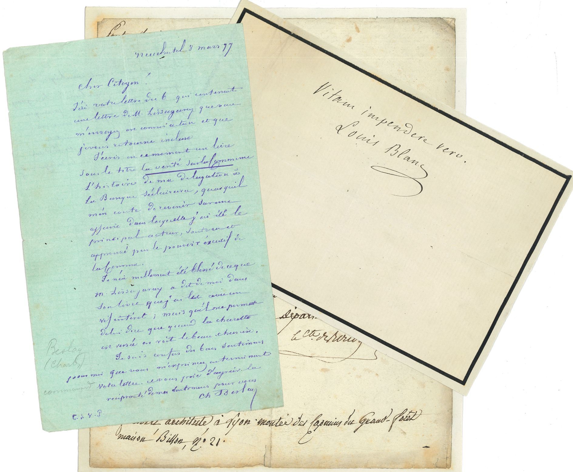 POLITIQUE et DIVERS. 40 lettres ou pièces, la plupart L.A.S
Charles Beslay, Louis Blanc, comte de Bondy, Ernest Boulanger, gal Canrobert, Sadi Carnot (4), Cipriano Castro (président du Venezuela), Michel Chevalier, lord Dawson, Th. Delcassé, H. Denis (3), Paul Deschanel, F. Dupanloup, Charles Dupin, F. Guizot, R.B. Haldane, Henri V comte de Chambord, Paul Janson, E. de Keratry, F. Labori, A. de La Guéronnière, H. Le Chatelier, E. von Leyden, L. Liard, prince de Ligne (1842), A. Naquet, E.D. Pasquier, Eug. Pelletan, Tony Révillon, Charles Rogier, J. Simon, A. Thiers, Teisserenc de Bort…